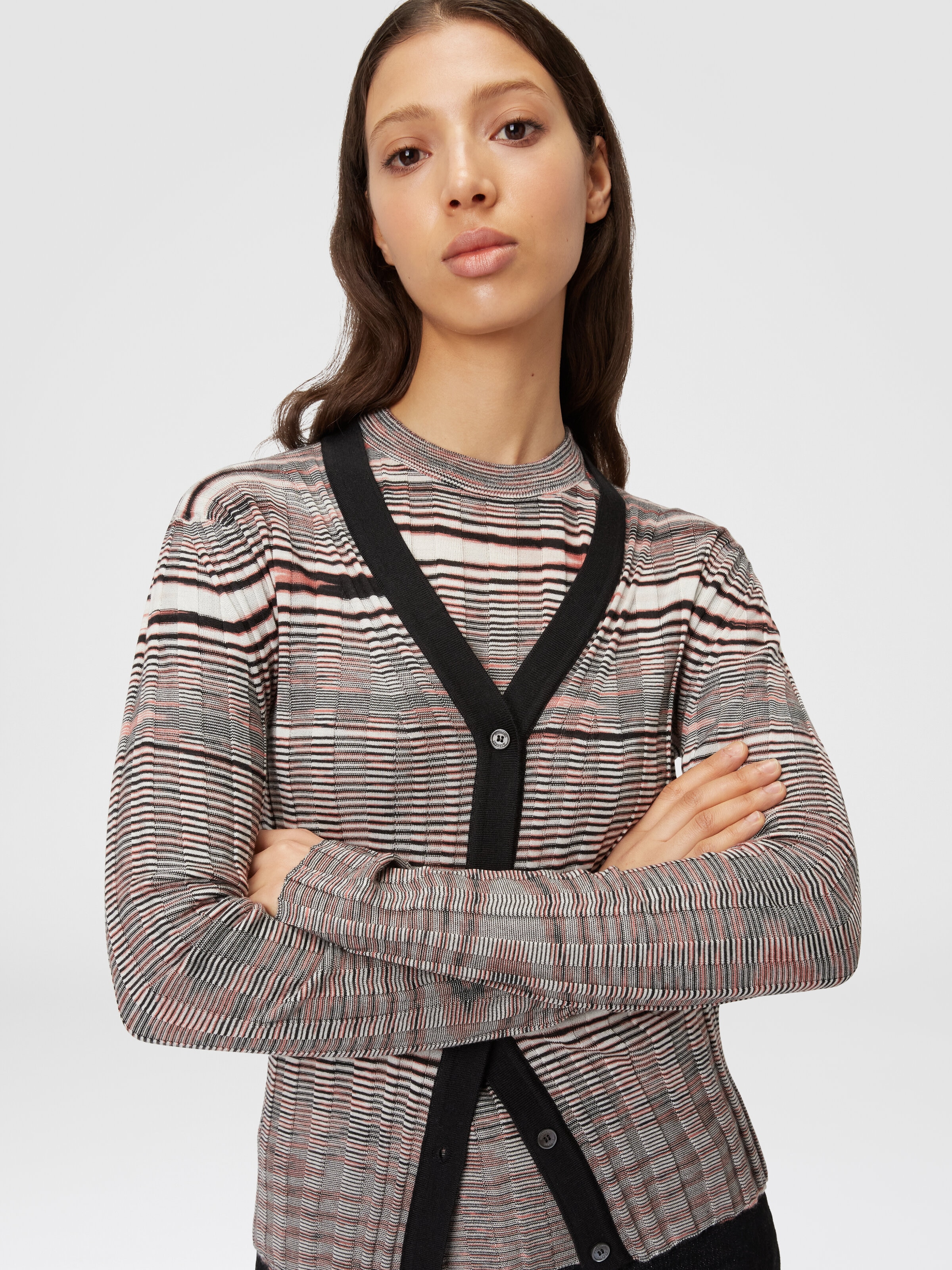 Ribbed cardigan in slub cashmere and silk, Multicoloured  - 3