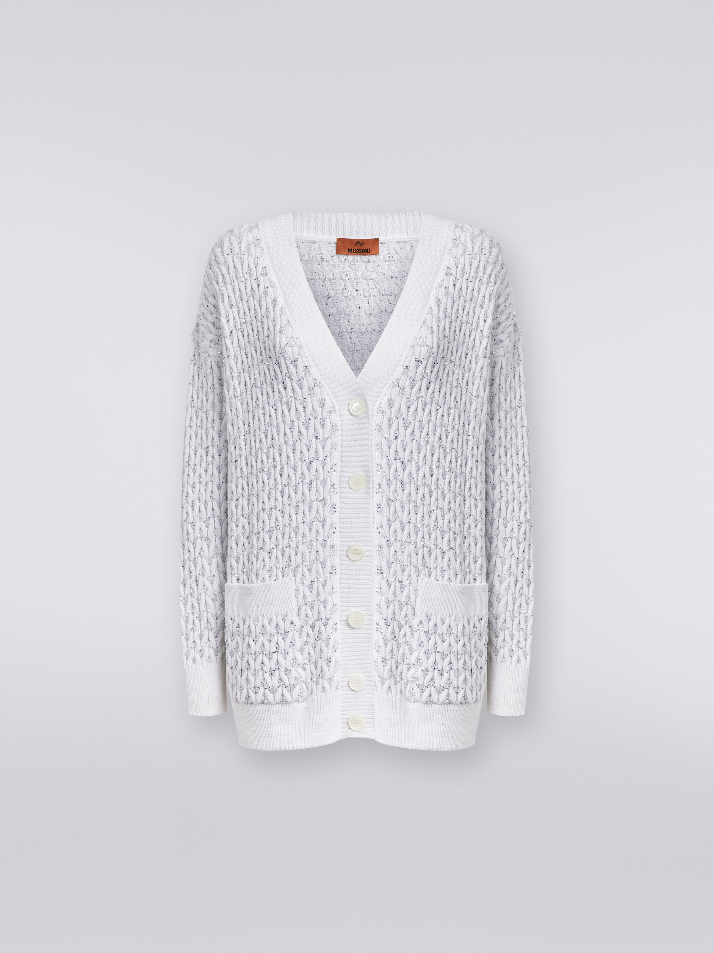 Oversized cardigan in knit with braiding and sequins, White  - 0