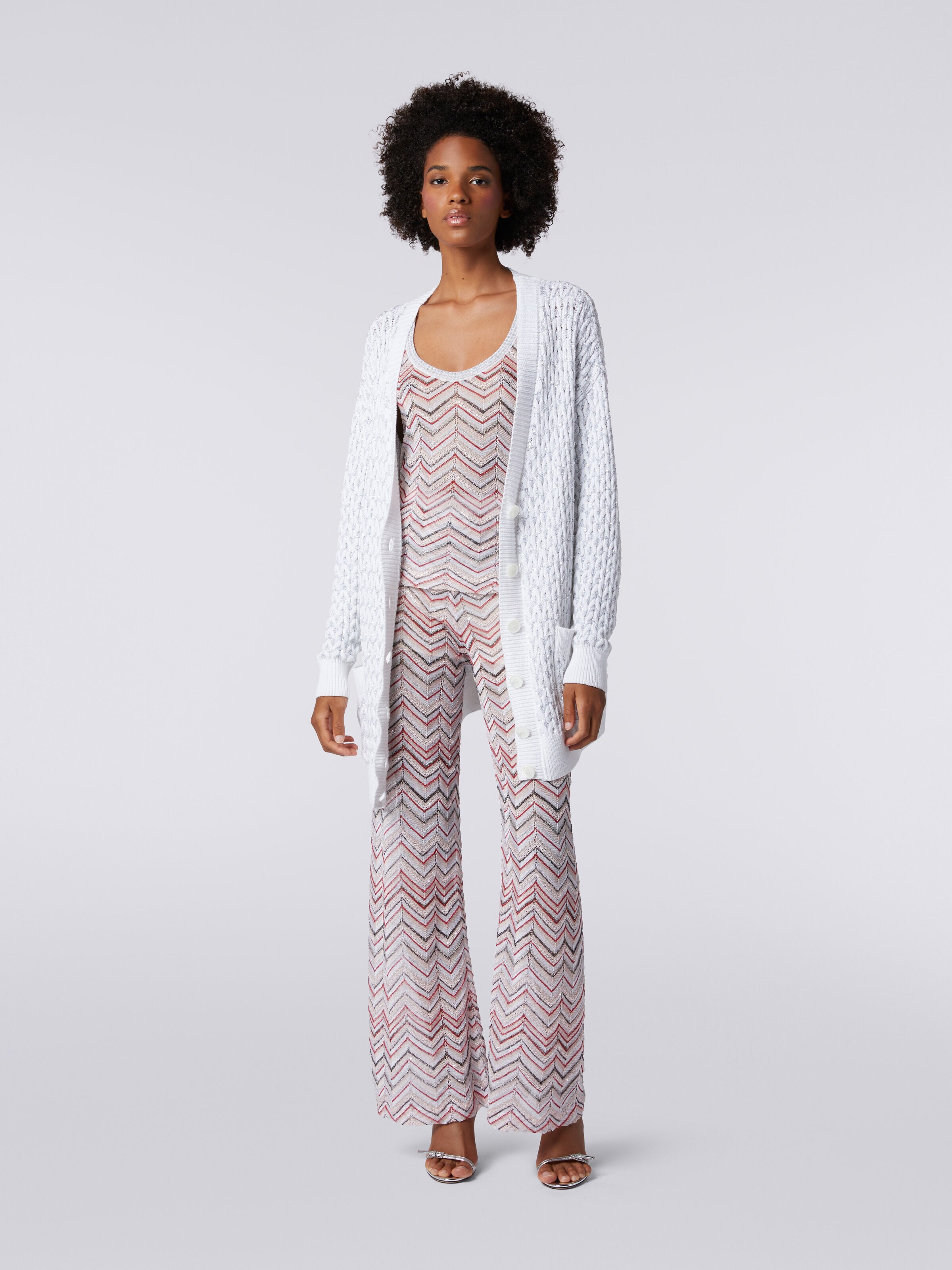 Oversized cardigan in knit with braiding and sequins, White  - 1