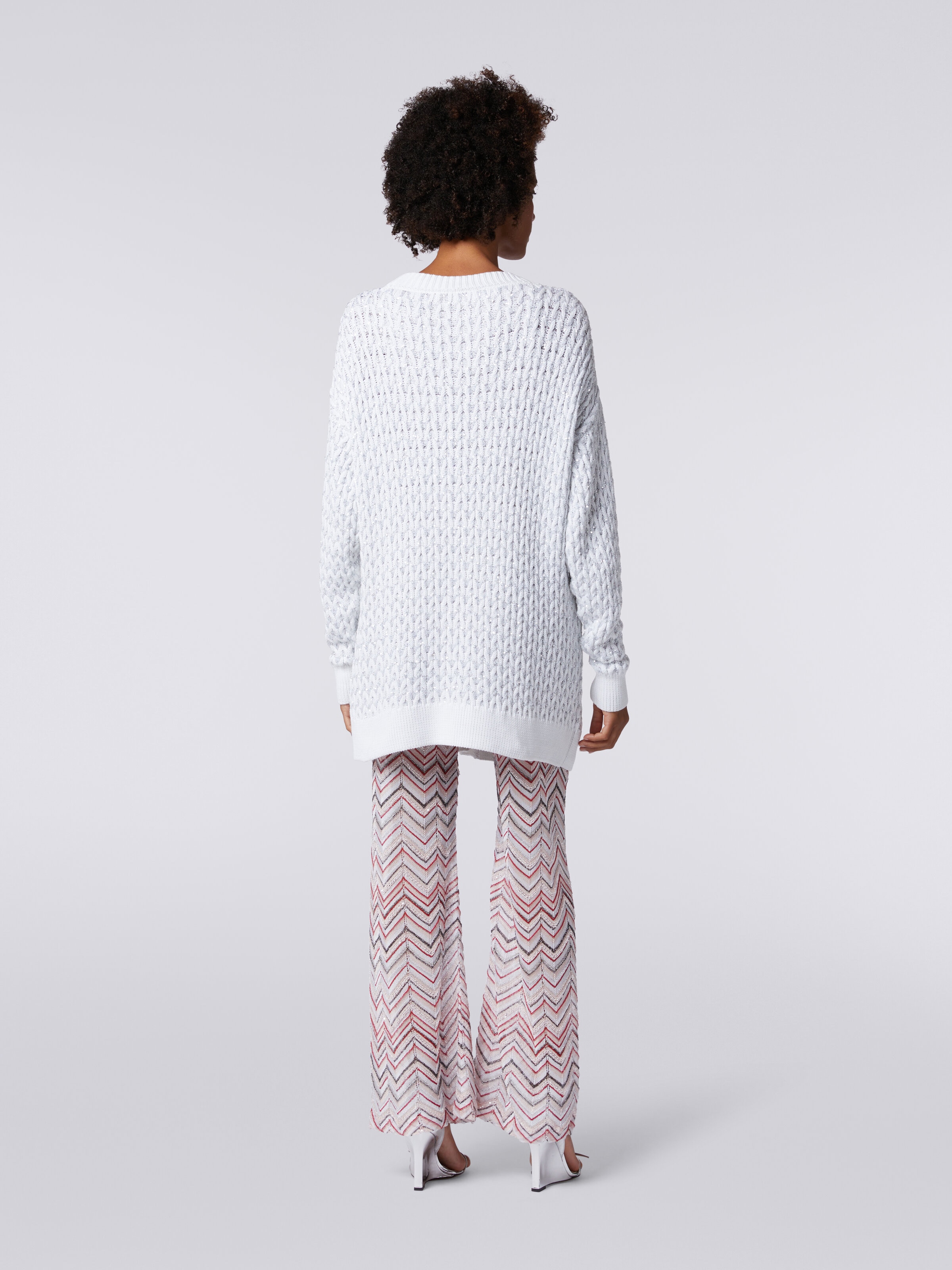 Oversized cardigan in knit with braiding and sequins, White  - 3
