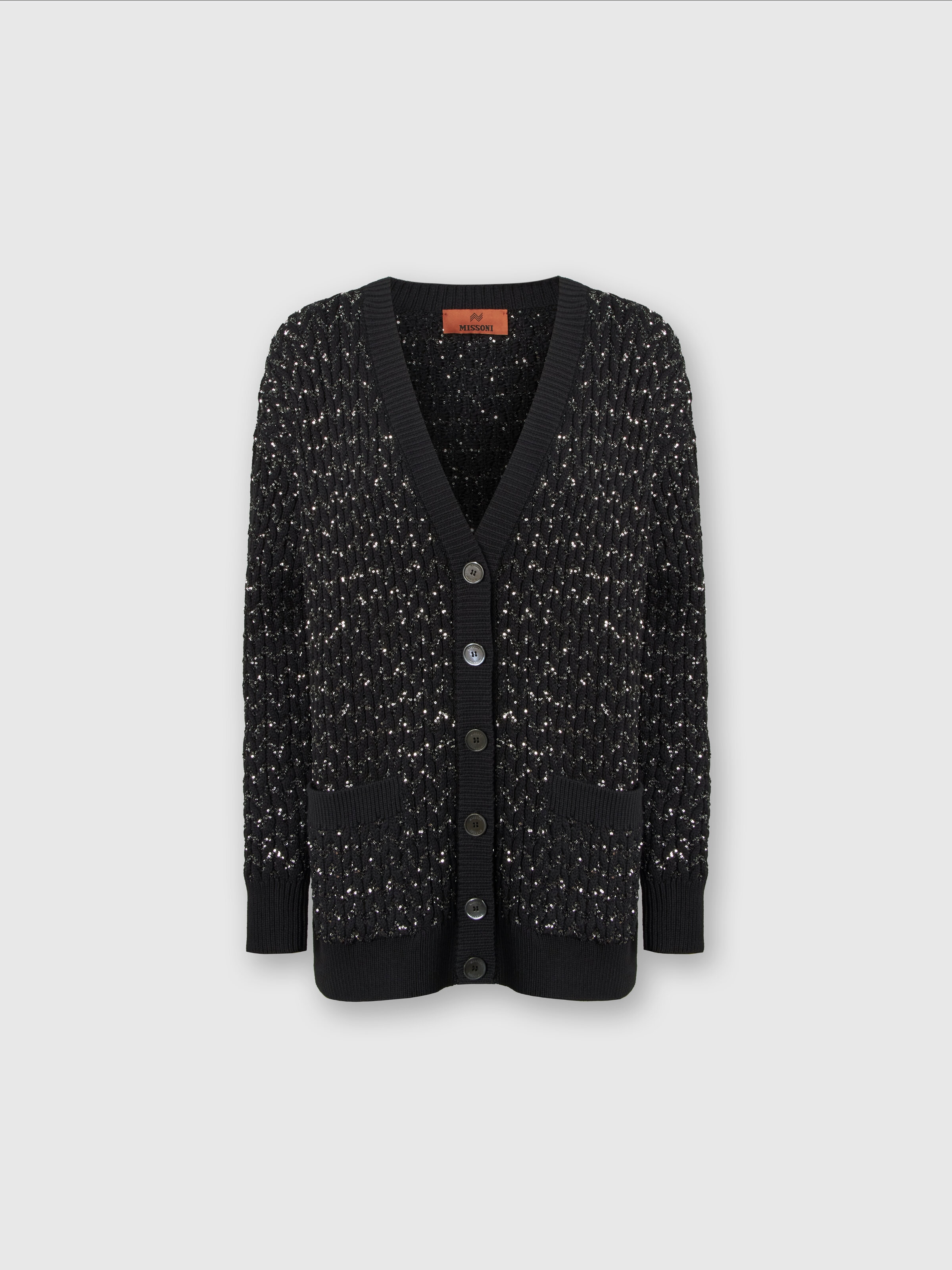 Oversized cardigan in knit with braiding and sequins, Black    - 0