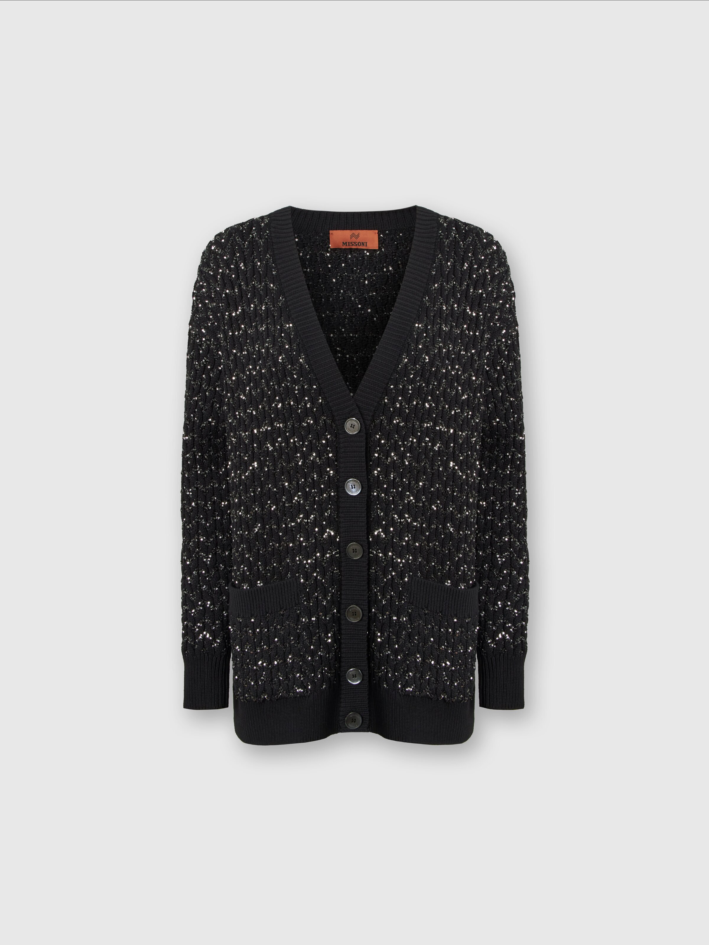 Oversize-Cardigan aus Strick mit Zopfmuster und Pailletten, Schwarz    - 0