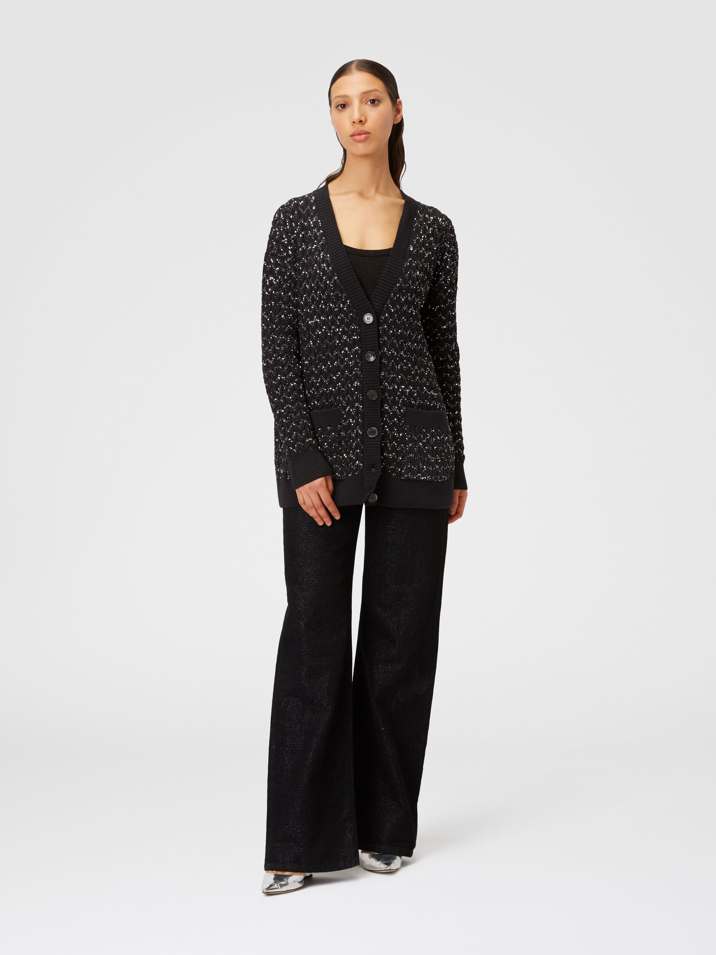 Oversize-Cardigan aus Strick mit Zopfmuster und Pailletten, Schwarz    - 1