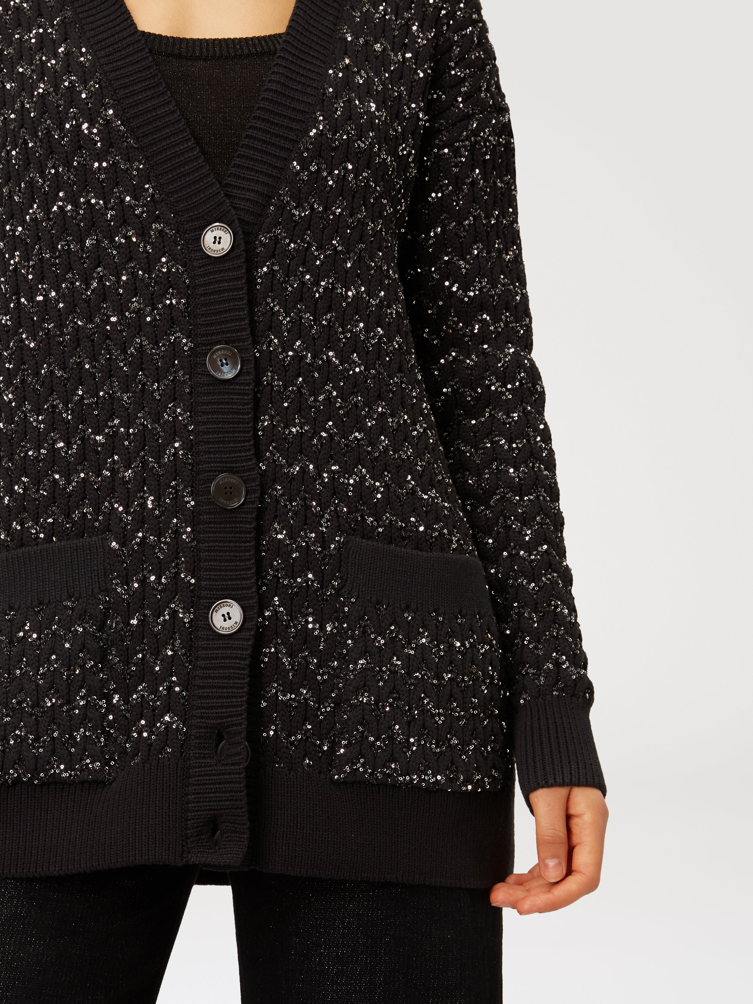 Oversized cardigan in knit with braiding and sequins, Black    - 4