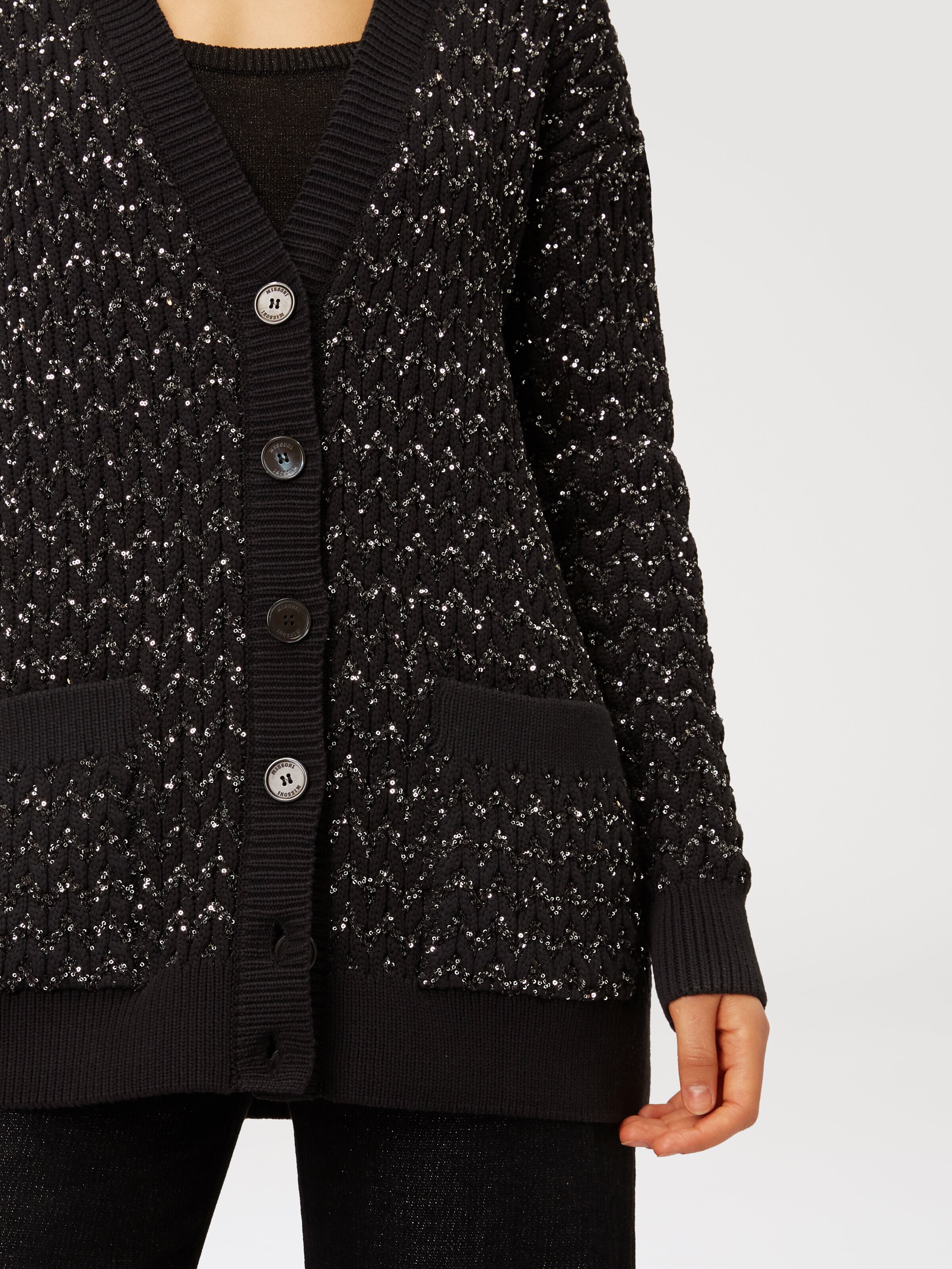 Oversize-Cardigan aus Strick mit Zopfmuster und Pailletten, Schwarz    - 4
