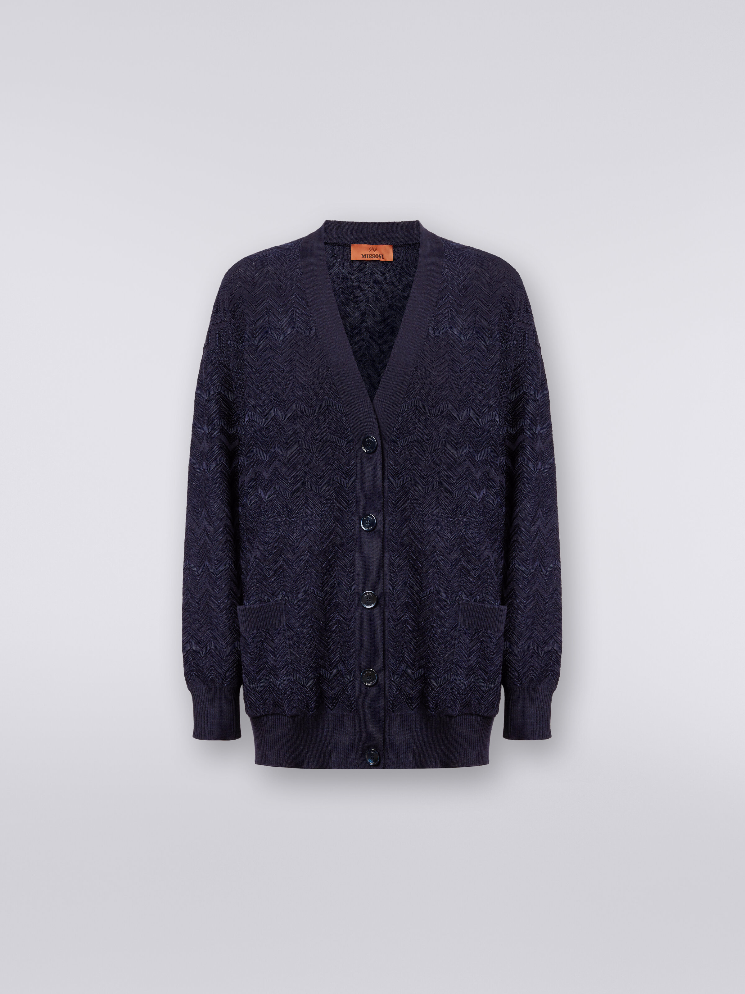 Oversized cardigan in chevron wool and viscose knit , Dark Blue - 0