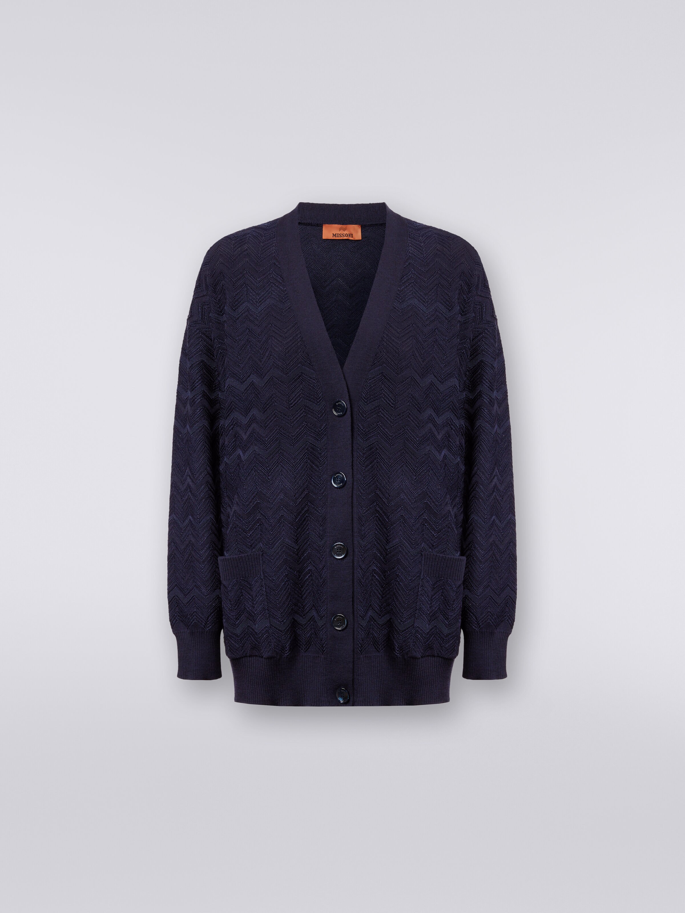 Oversize-Cardigan aus Viskose-Woll-Strick mit Chevronmuster, Dunkelblau - 0