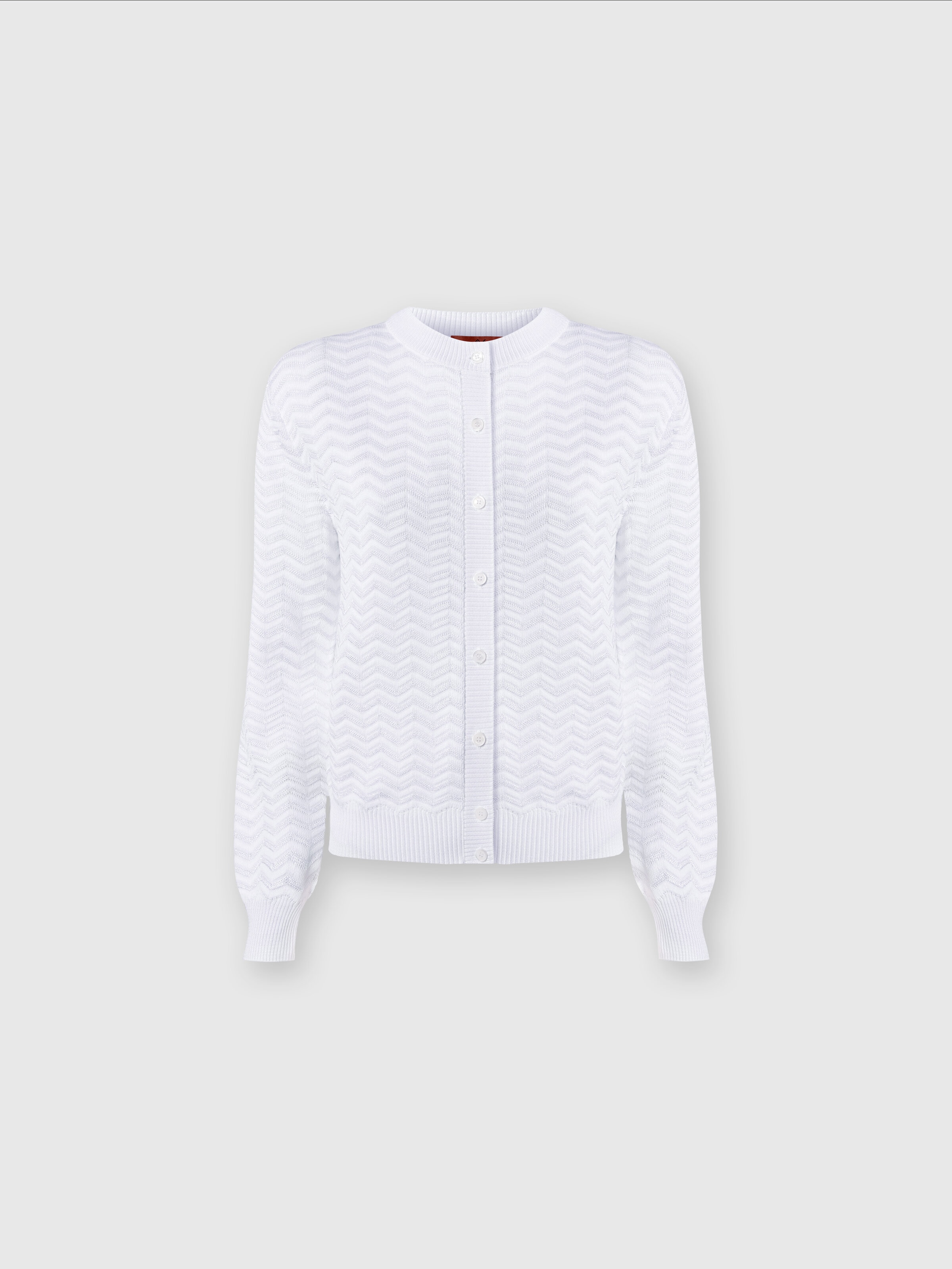 Cardigan in chevron cotton and viscose knit, White  - 0