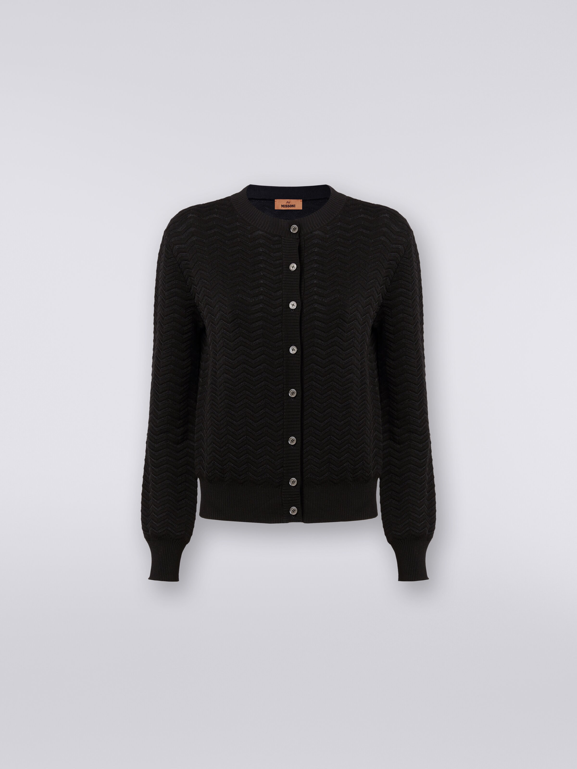 Cardigan in chevron cotton and viscose knit, Black    - 0