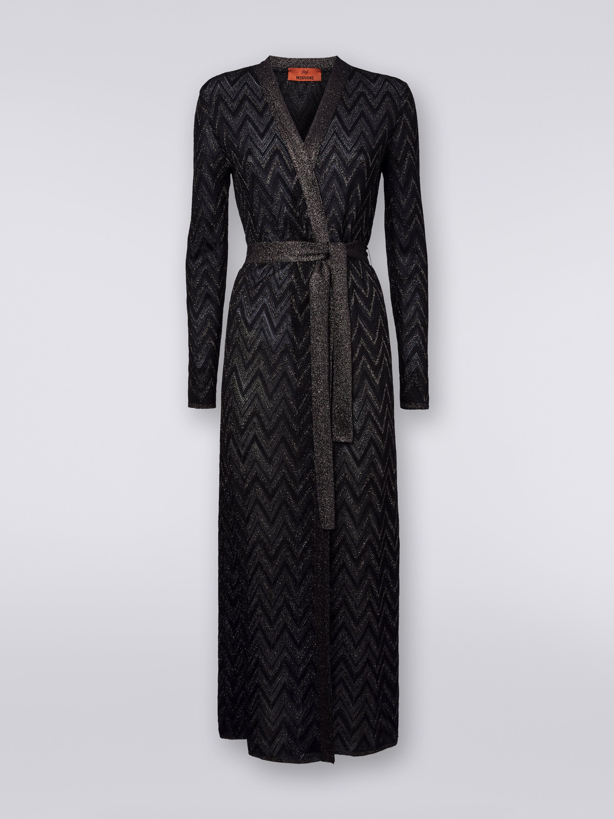 Long cardigan in chevron knit with lurex, Black    - 0