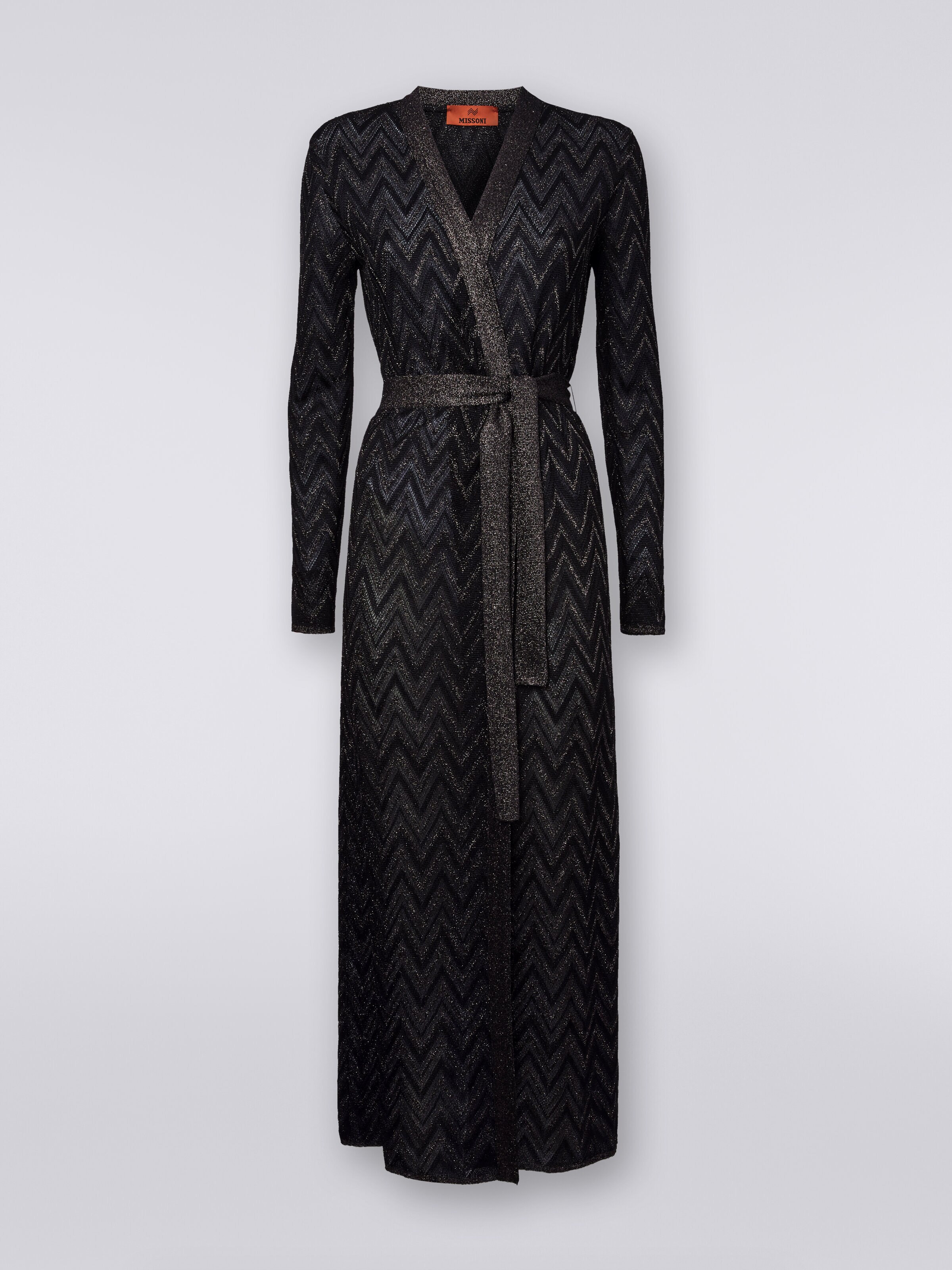 Long cardigan in chevron knit with lurex