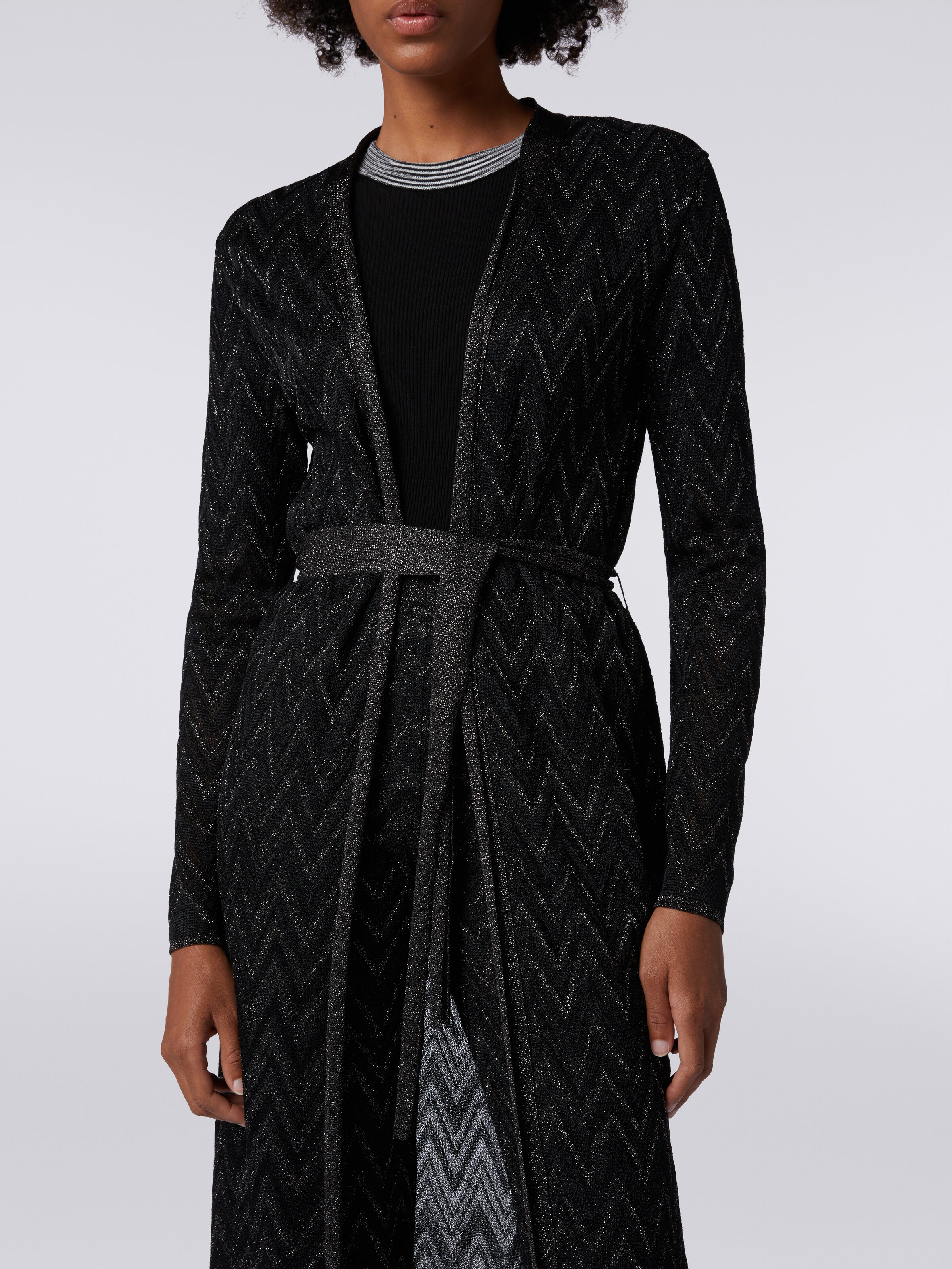 Long cardigan in chevron knit with lurex, Black    - 4