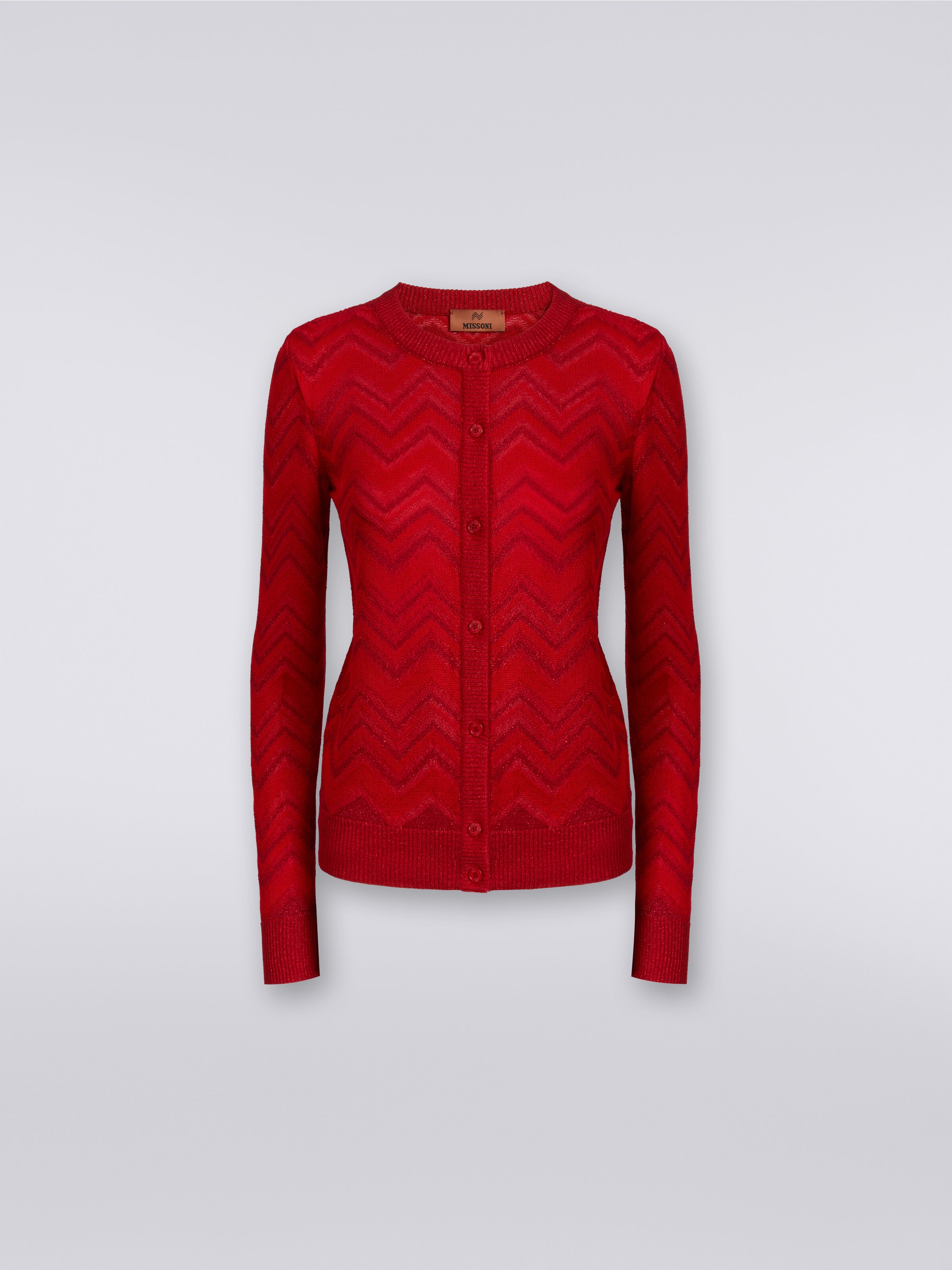 Cardigan in tonal zigzag knit with lurex, Red  - 0