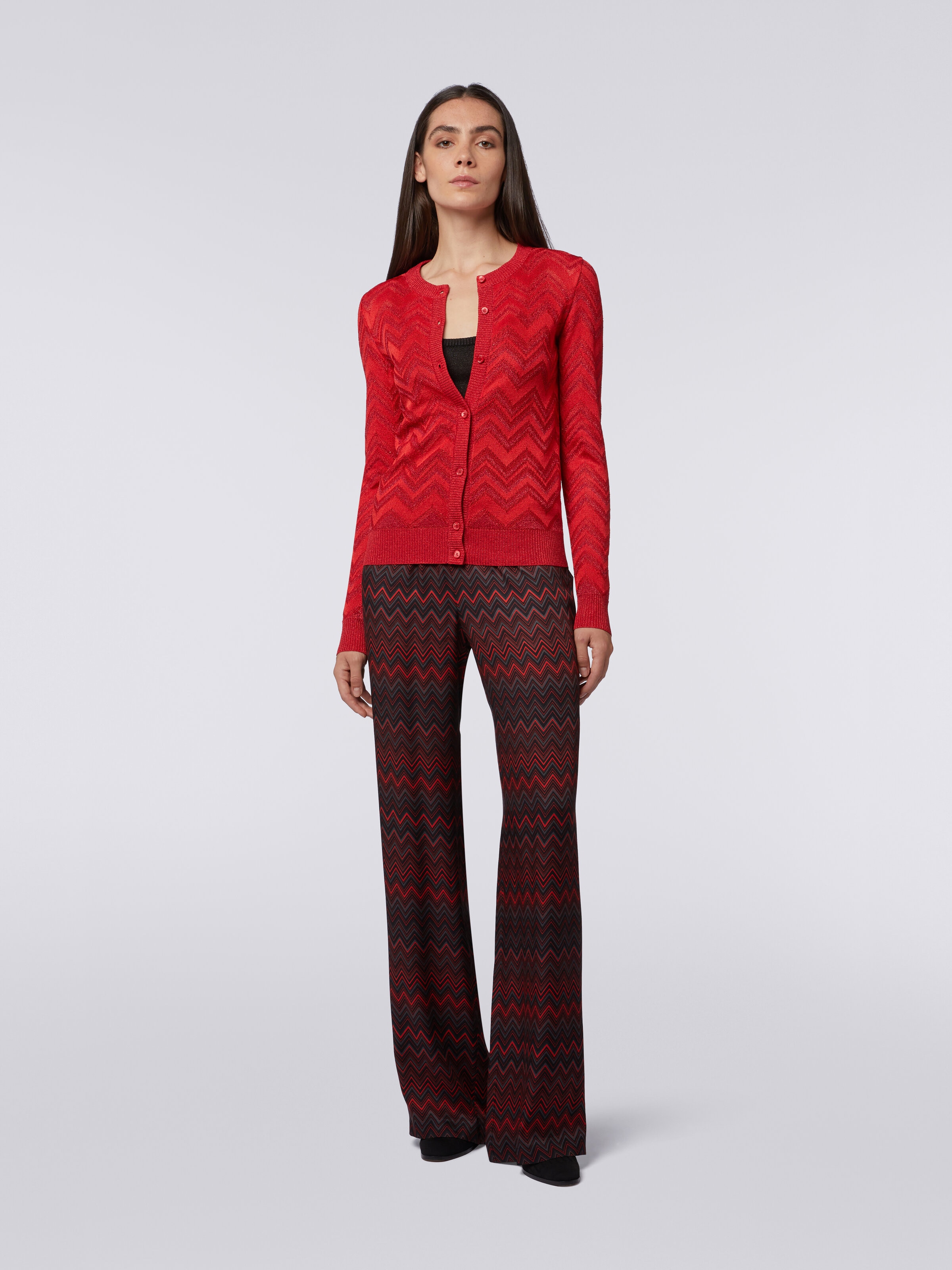 Cardigan in tonal zigzag knit with lurex, Red  - 1