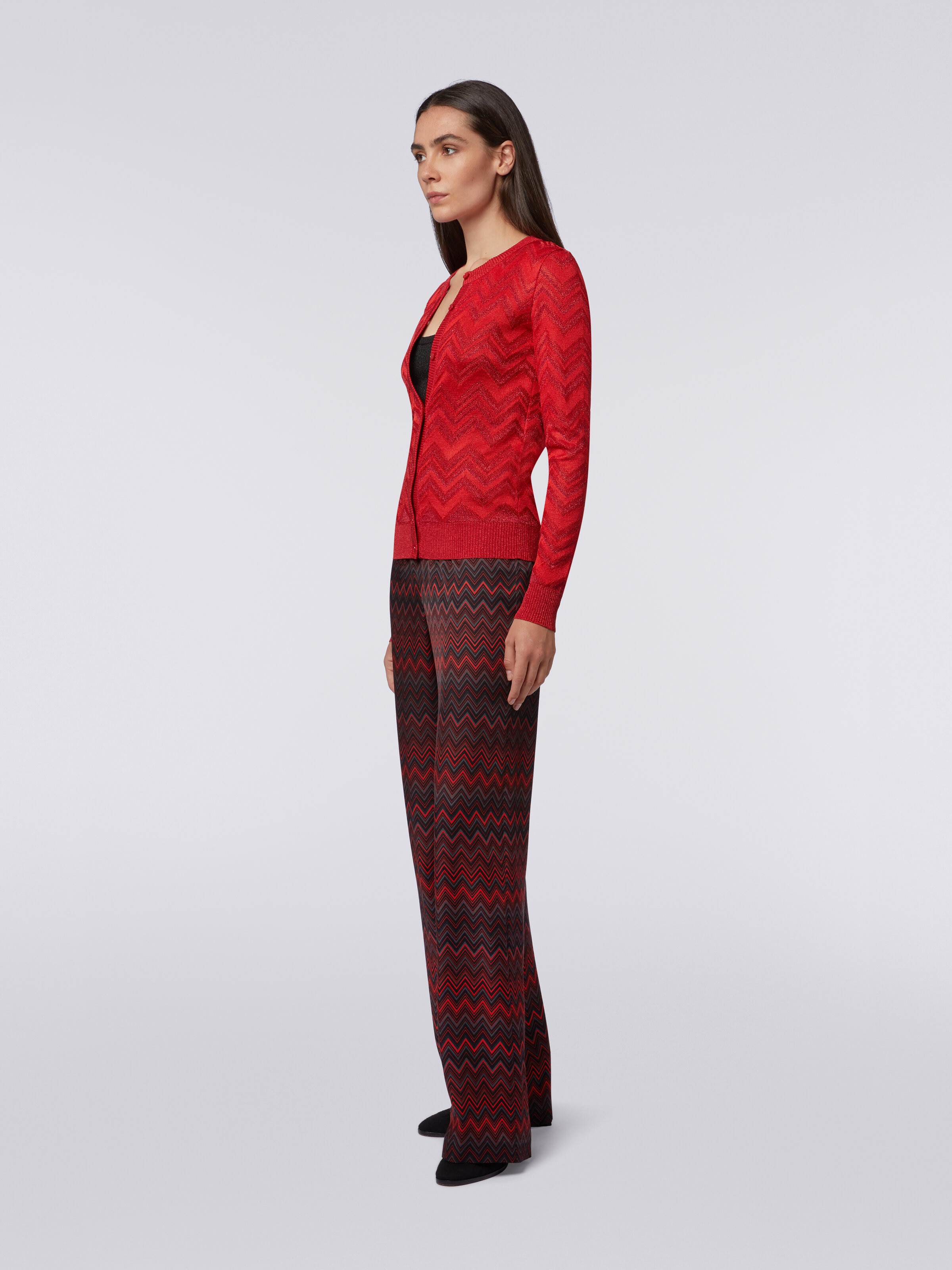 Cardigan in tonal zigzag knit with lurex, Red  - 2