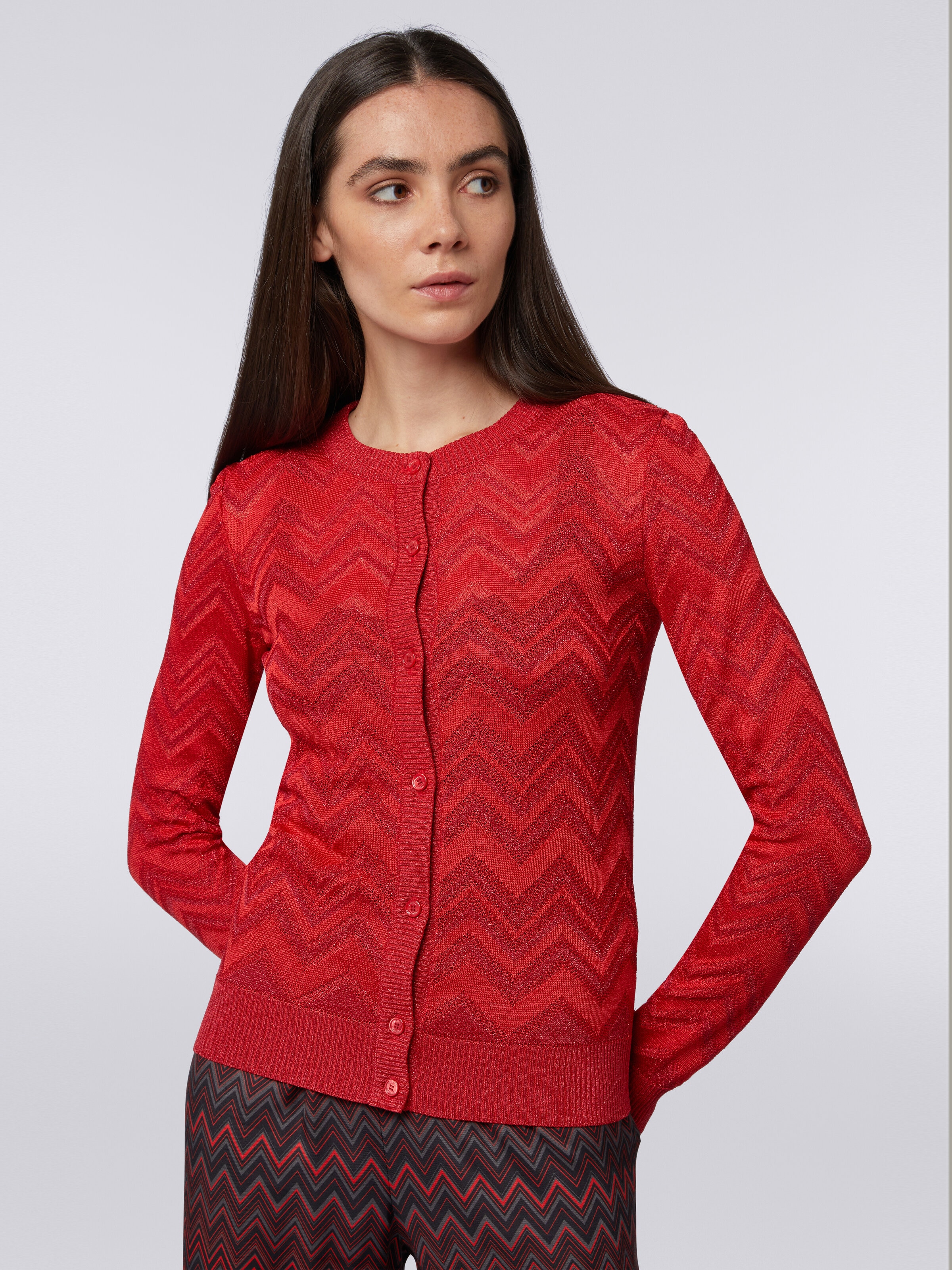 Cardigan in tonal zigzag knit with lurex, Red  - 4