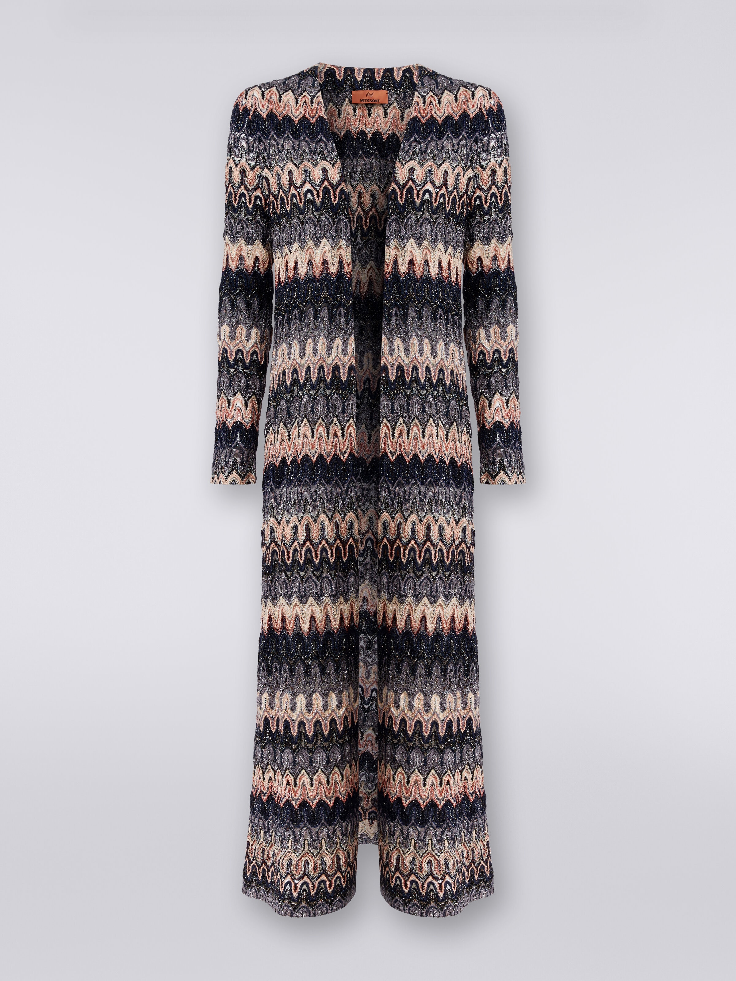 Long cardigan in lamé knit with lace-effect wave pattern, Multicoloured  - 0