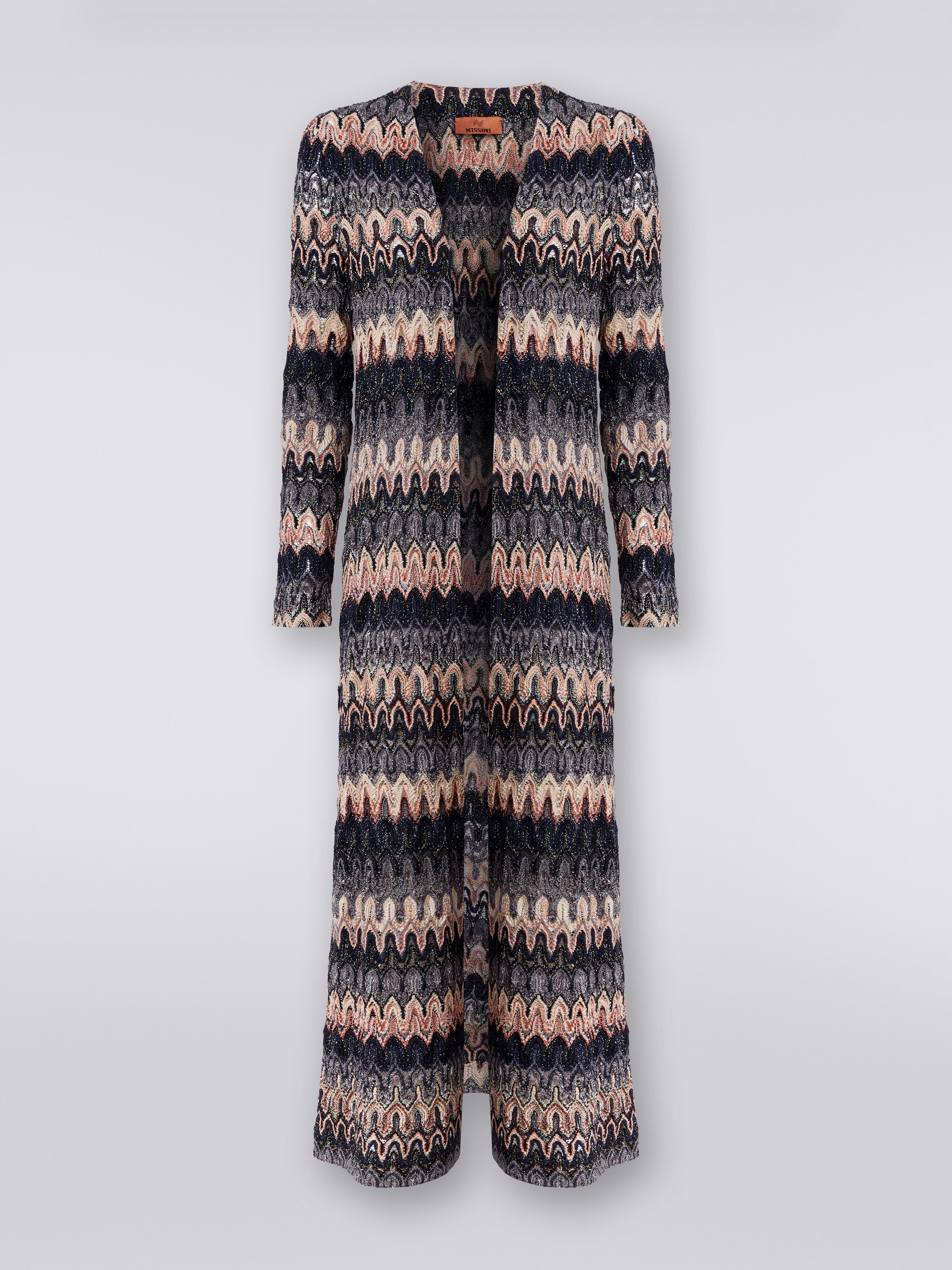 Long cardigan in lamé knit with lace-effect wave pattern, Multicoloured  - 0