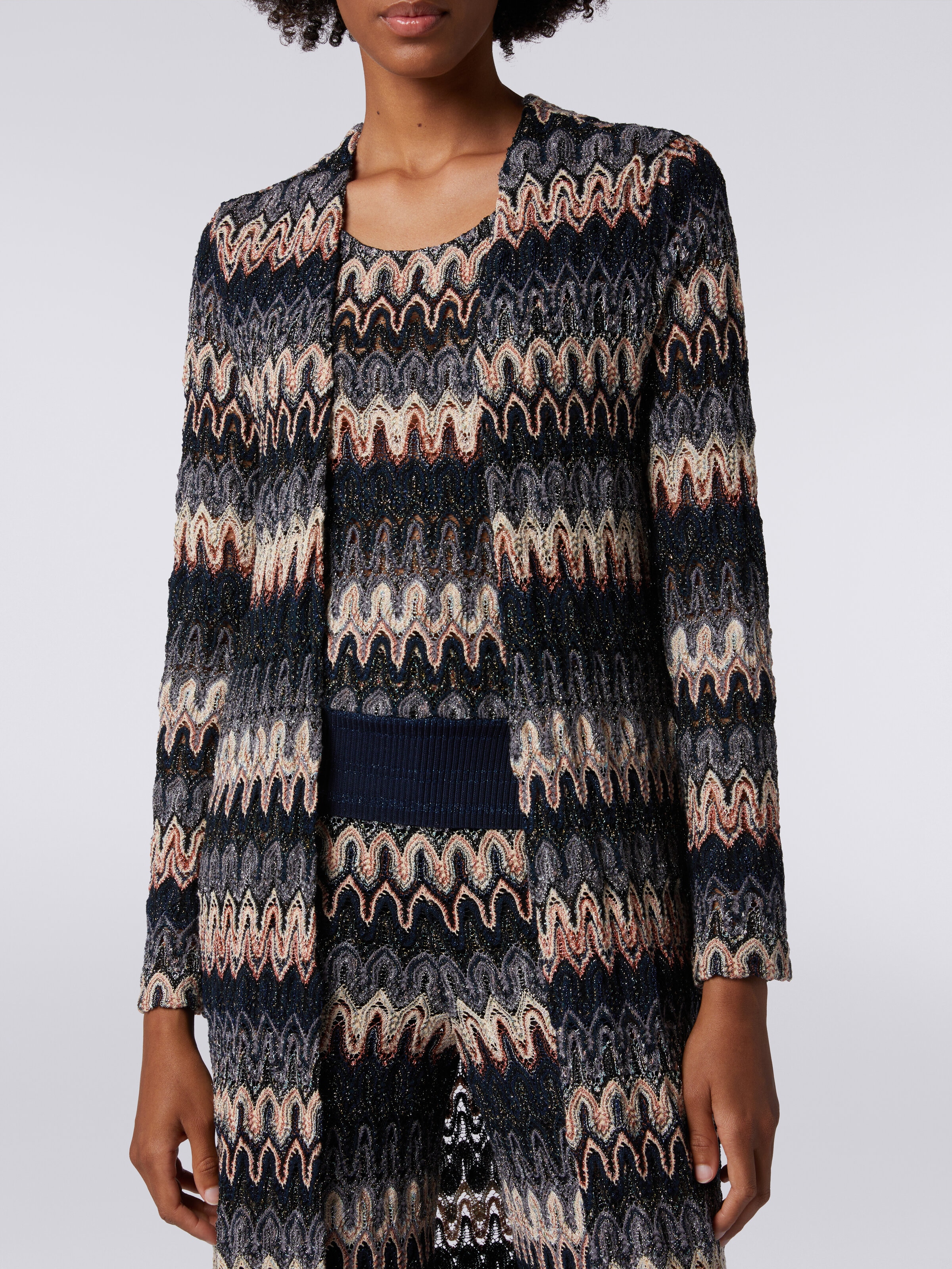 Long cardigan in lamé knit with lace-effect wave pattern, Multicoloured  - 4