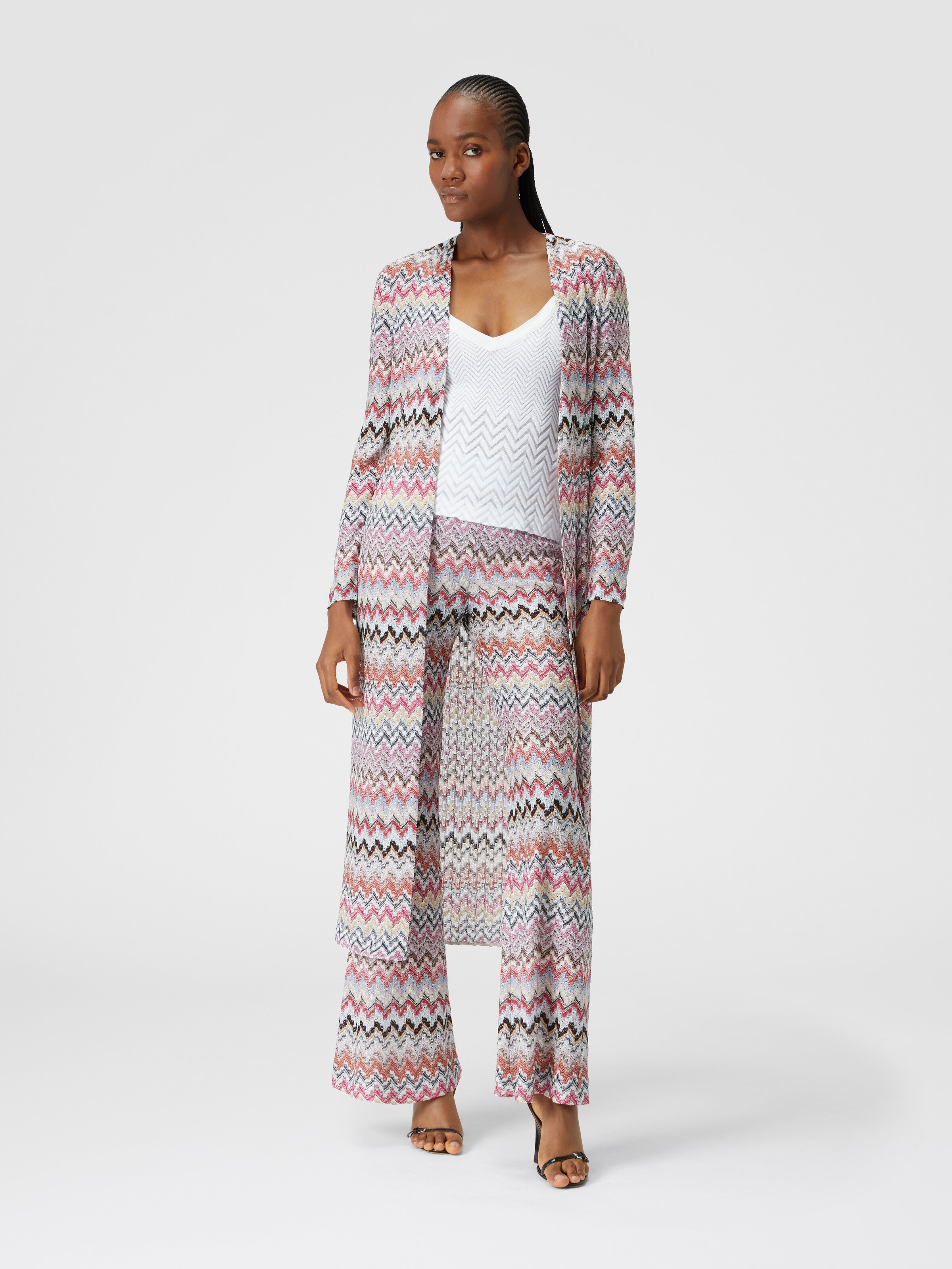 Long cardigan in zigzag lamé knit, Multicoloured  - 1