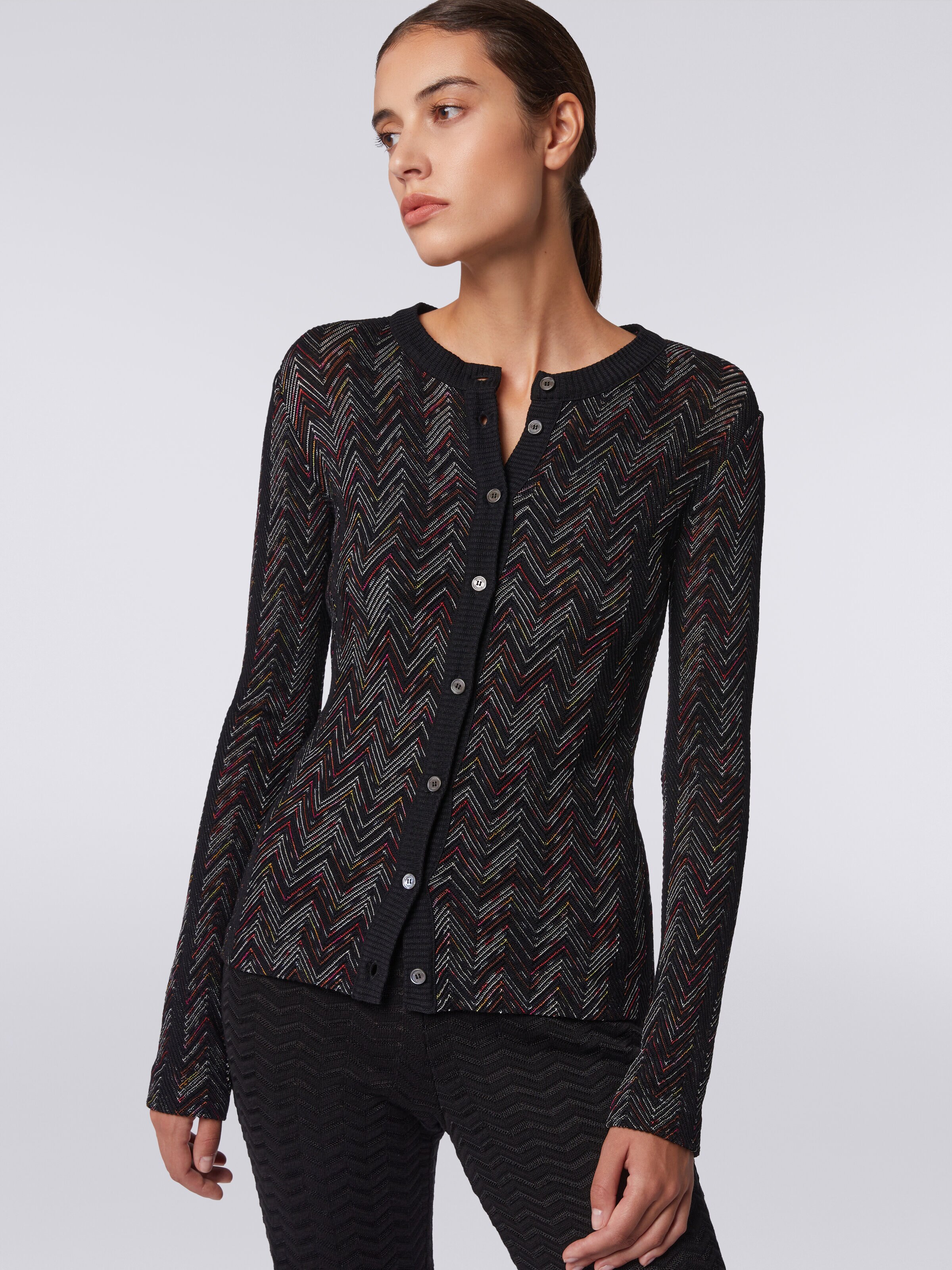 Cardigan corto in maglia di lana e viscosa con zig zag in rilievo, Multicolore  - 4