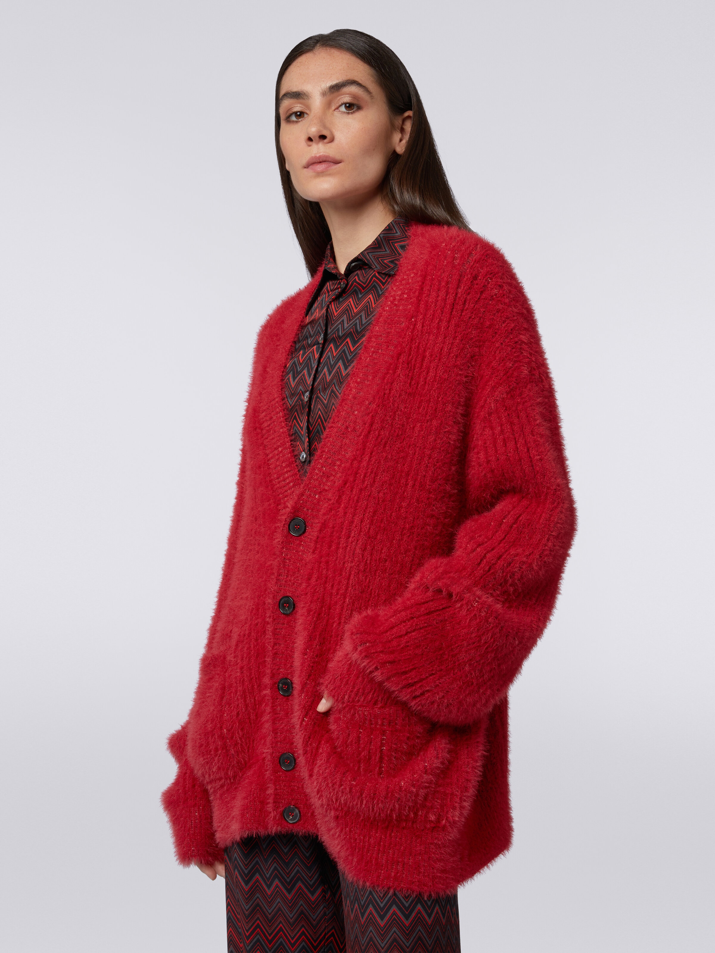 Cardigan oversize en laine mélangée à effet fourrure, Rouge  - 4