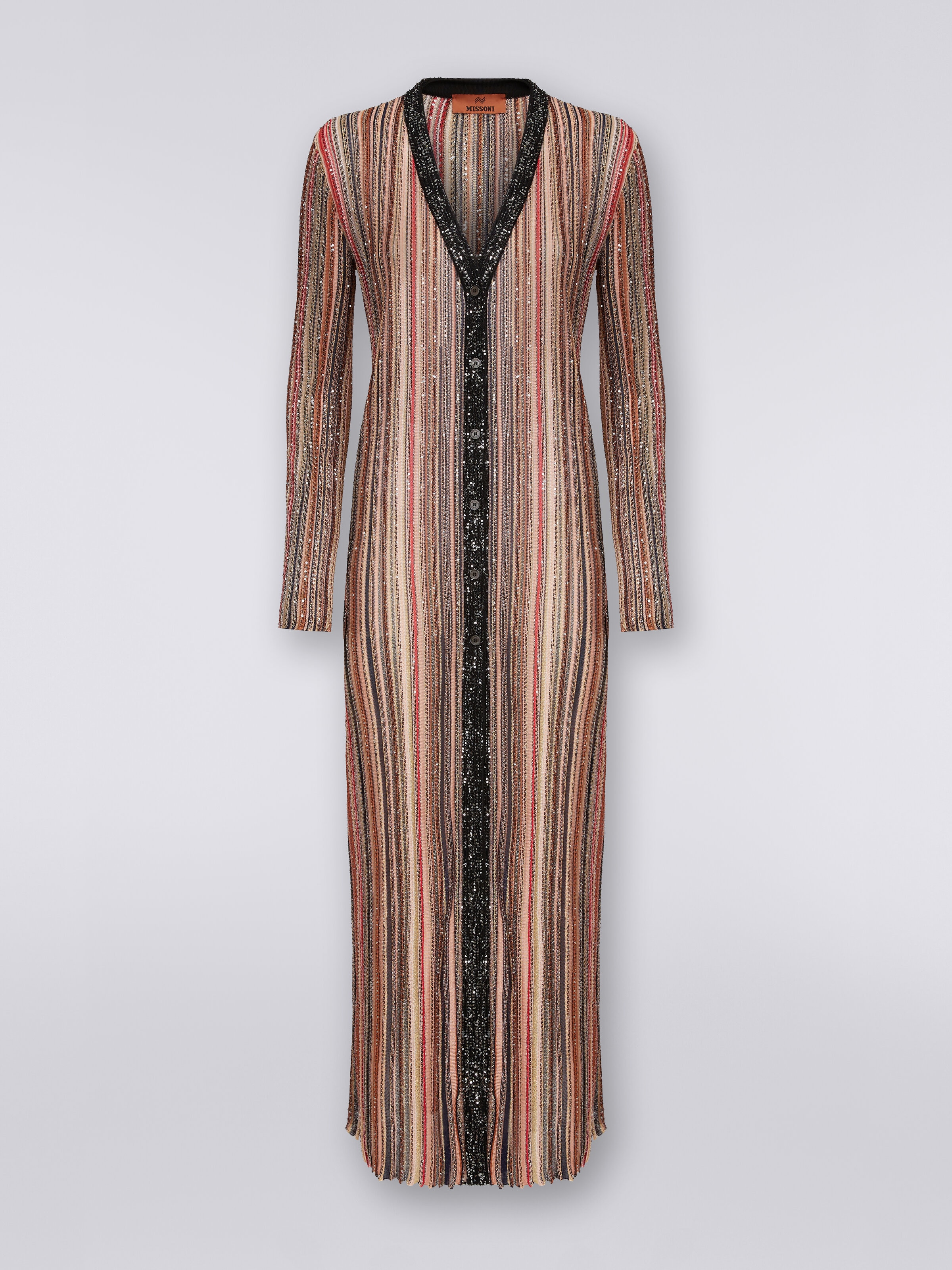 Long cardigan in vertical striped knit with sequins, Multicoloured  - 0