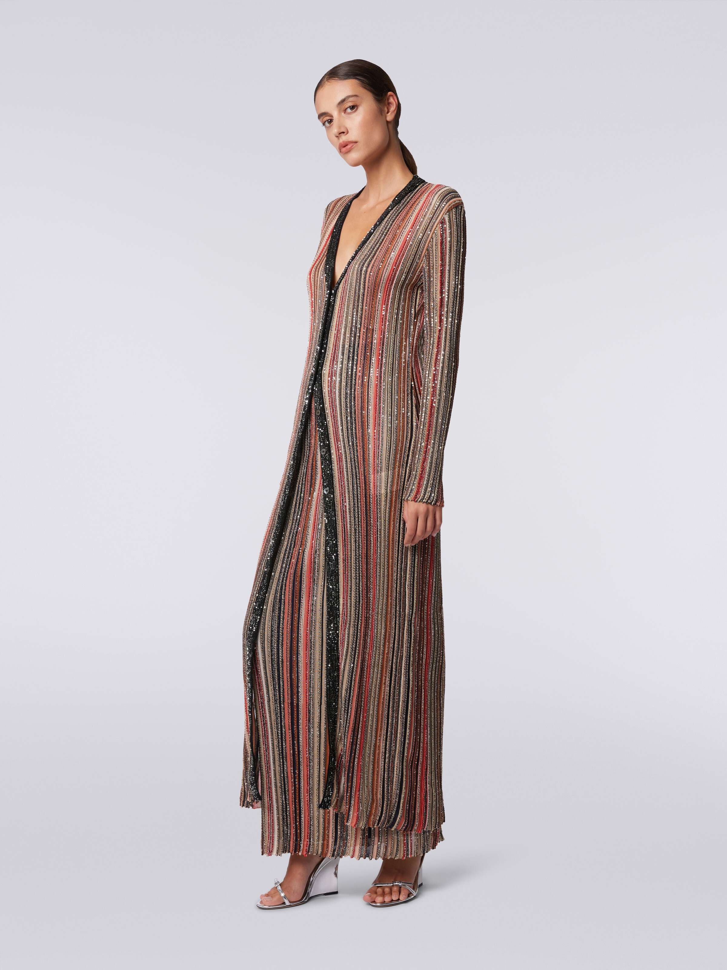 Long cardigan in vertical striped knit with sequins, Multicoloured  - 2