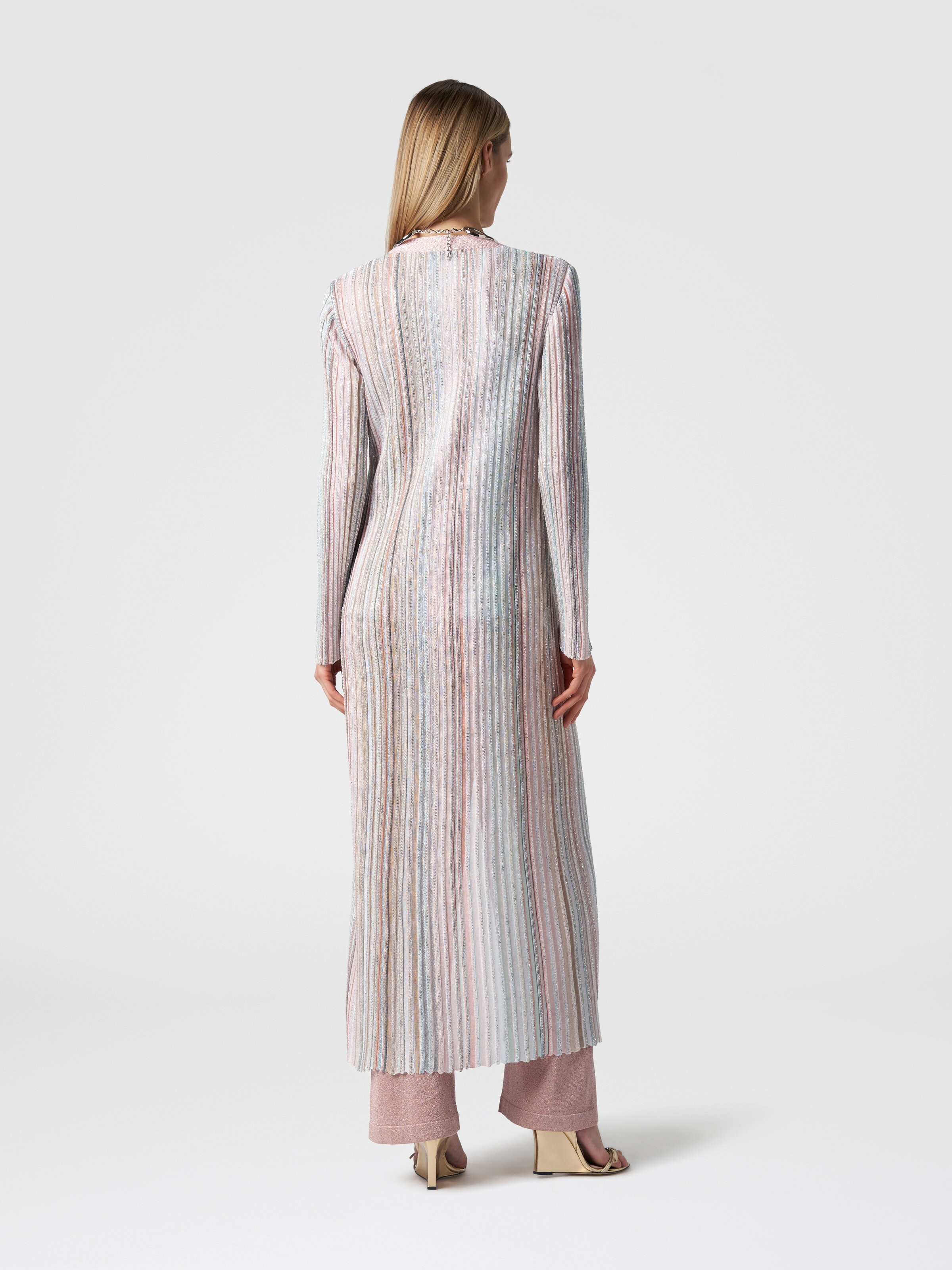 Cardigan lungo in maglia con righe verticali e paillettes, Multicolore  - 2