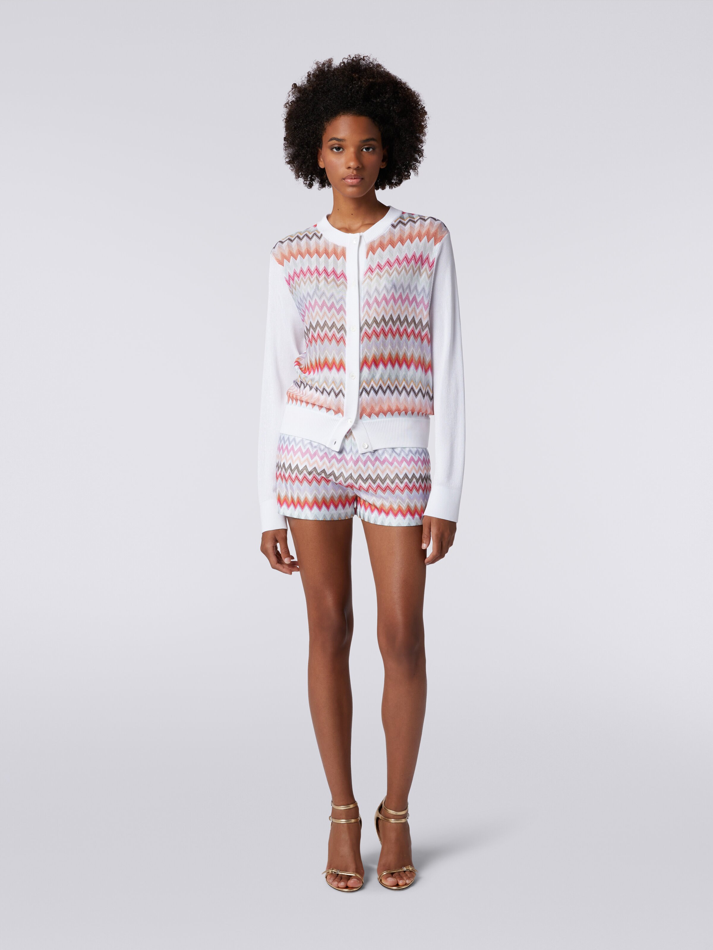 Short cardigan in chevron viscose, White  - 1