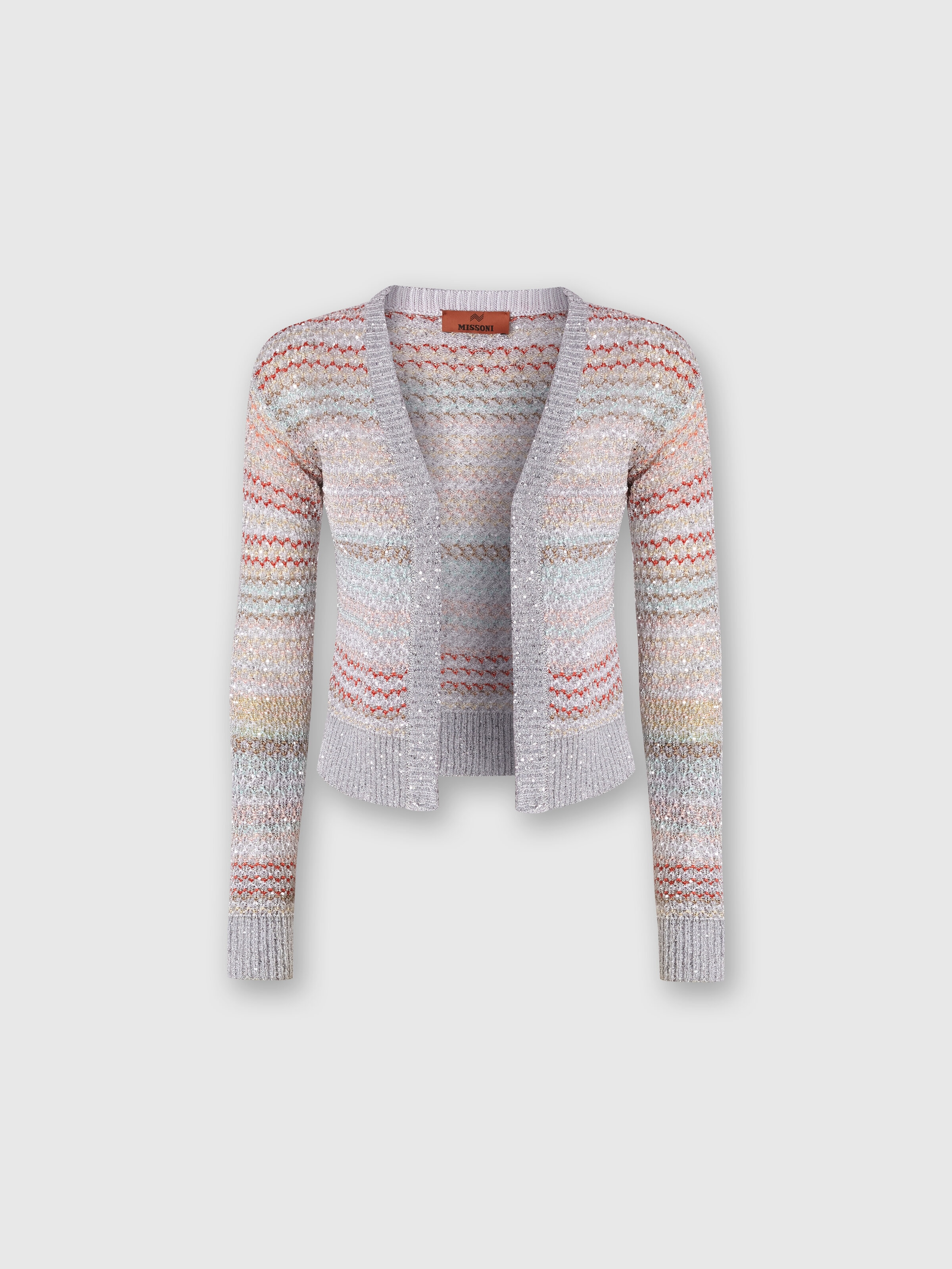 Short cardigan in mesh knit with sequins, Multicoloured  - 0
