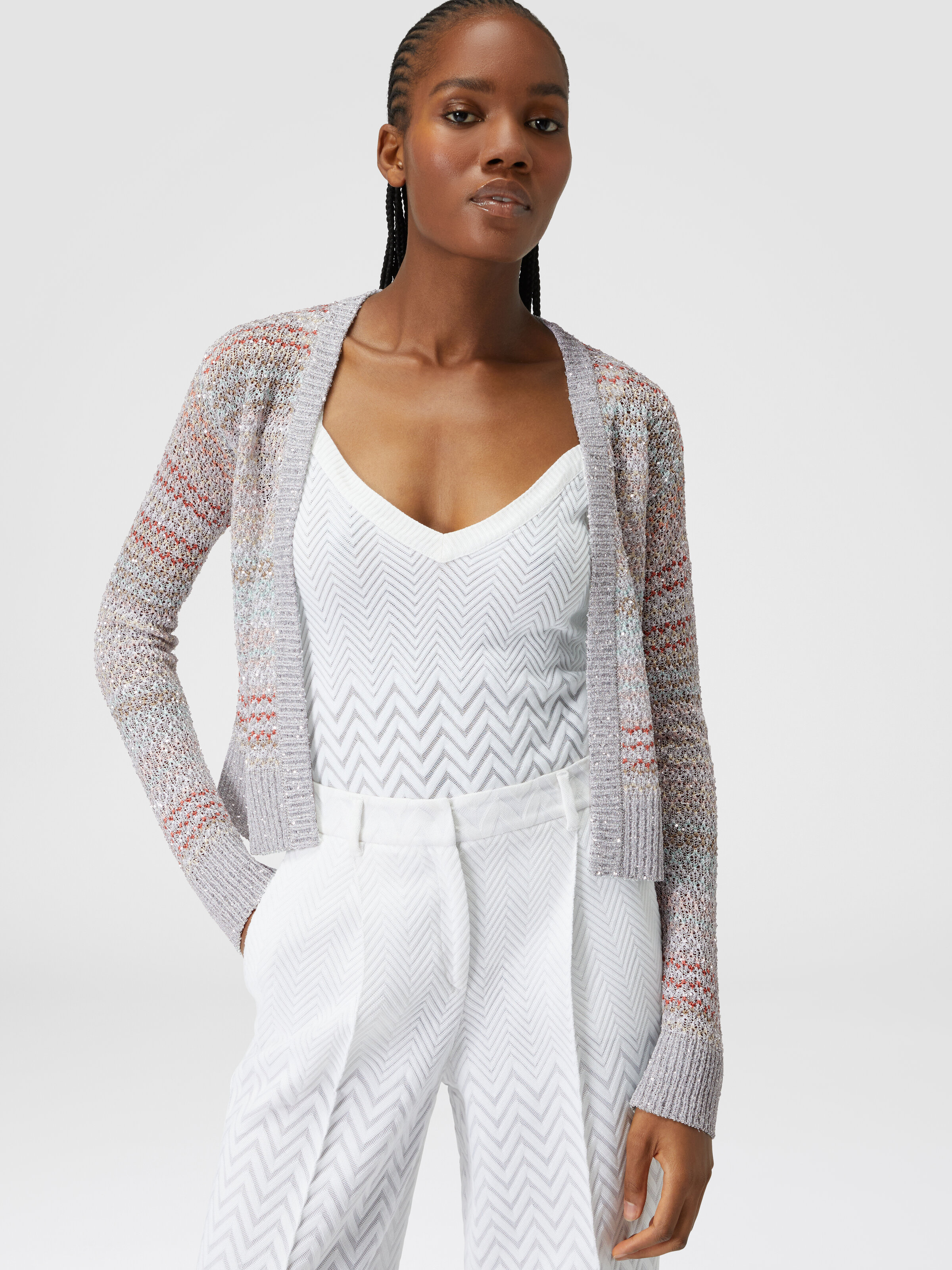 Short cardigan in mesh knit with sequins, Multicoloured  - 3