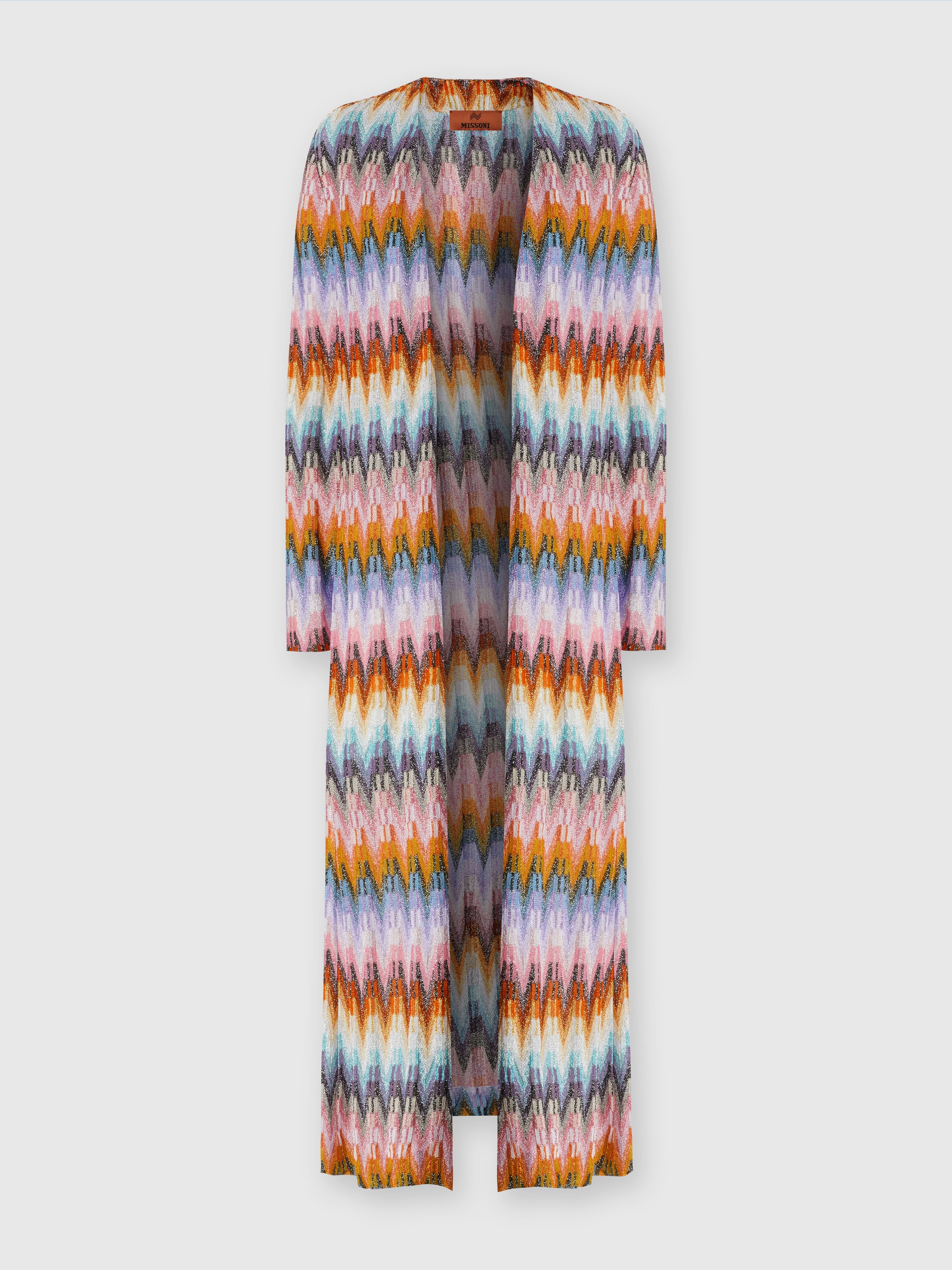Long cardigan in zigzag knit with lamé, Multicoloured  - 0