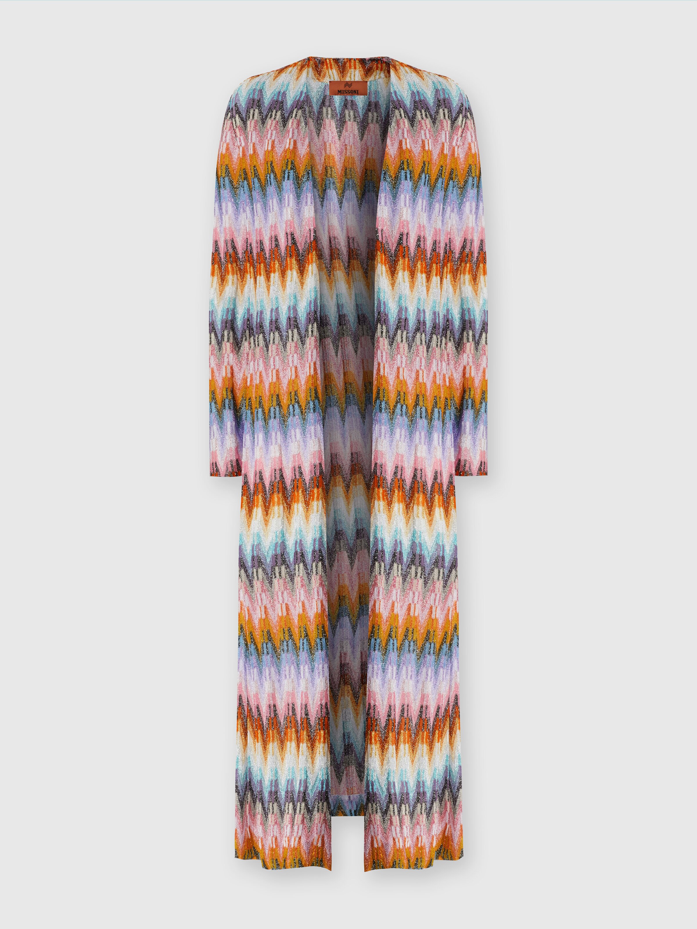 Long cardigan in zigzag knit with lamé, Multicoloured  - 0