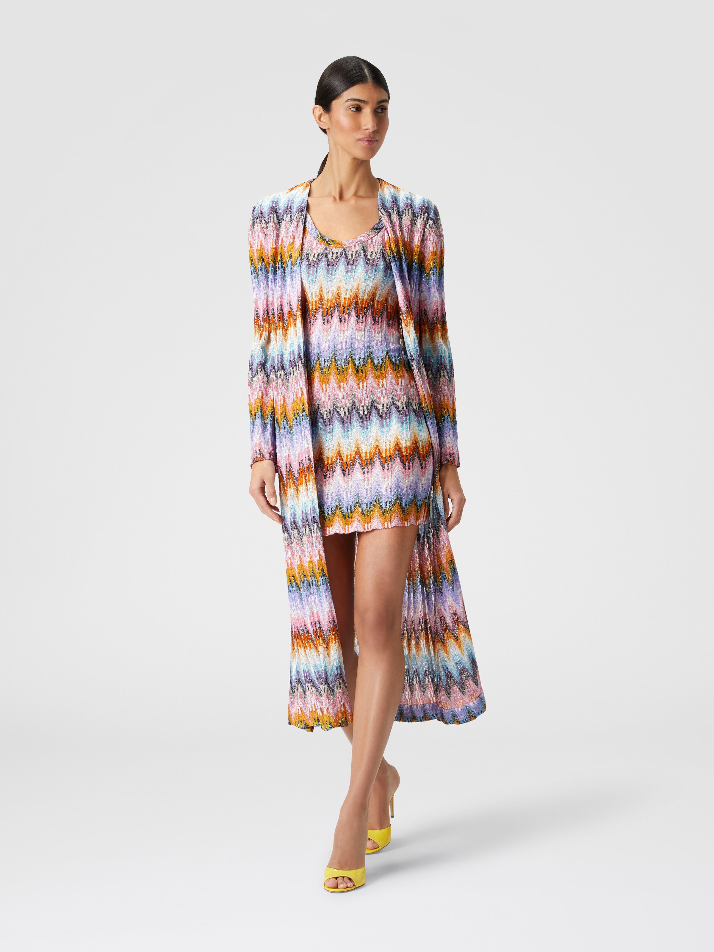 Long cardigan in zigzag knit with lamé, Multicoloured  - 1