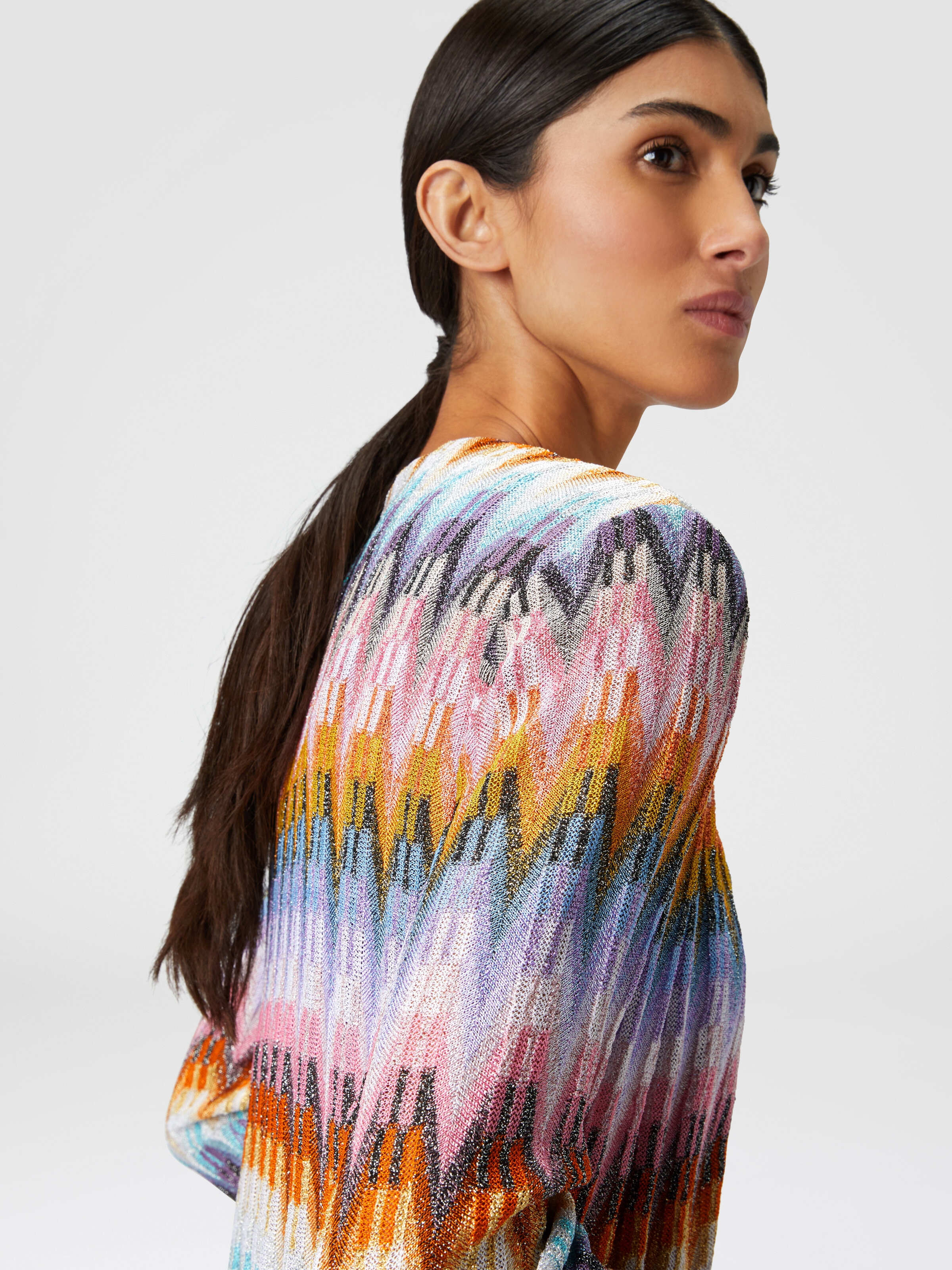Long cardigan in zigzag knit with lamé, Multicoloured  - 4