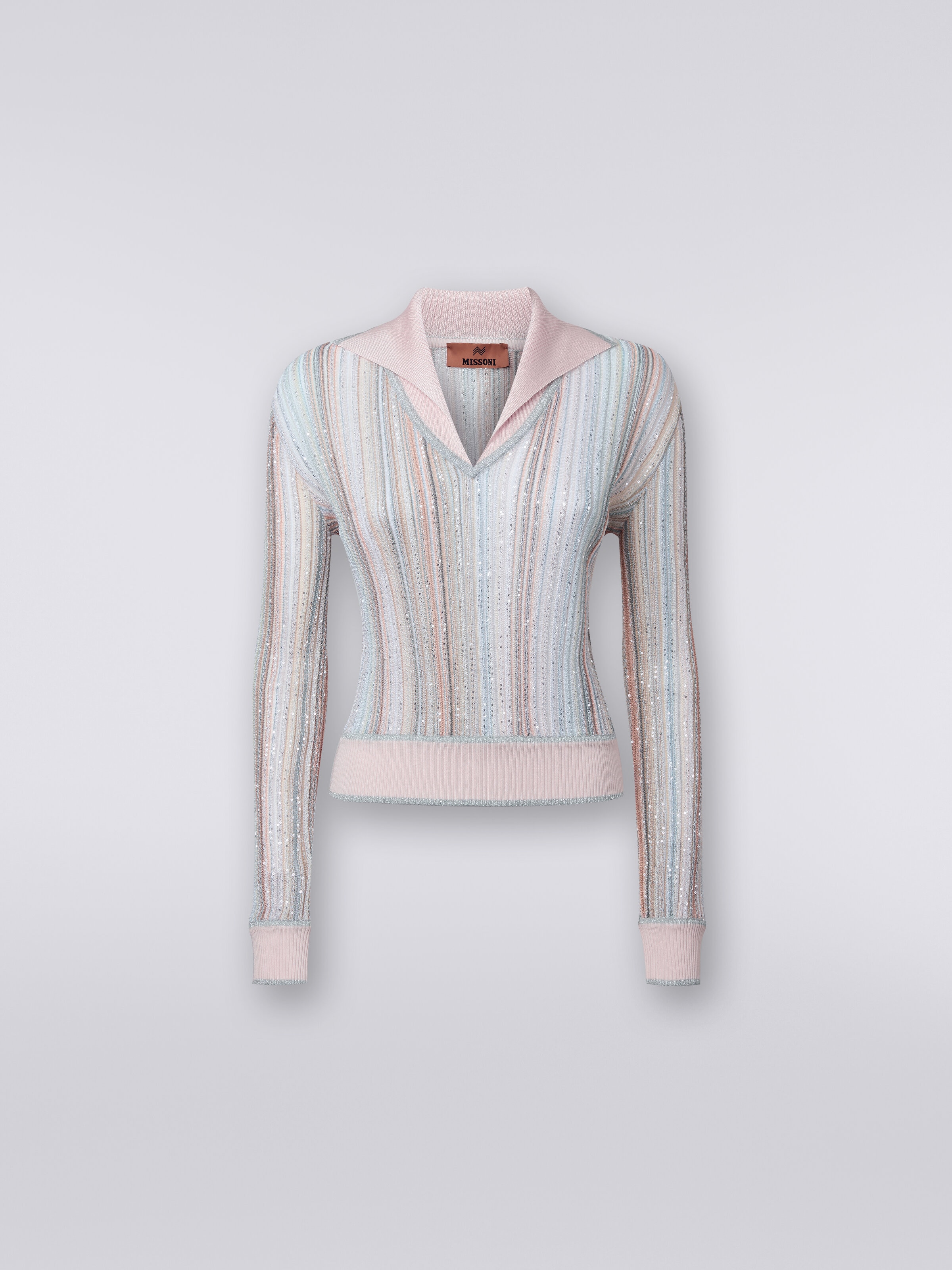 Long-sleeved vertical striped top with sequins, Multicoloured  - 0