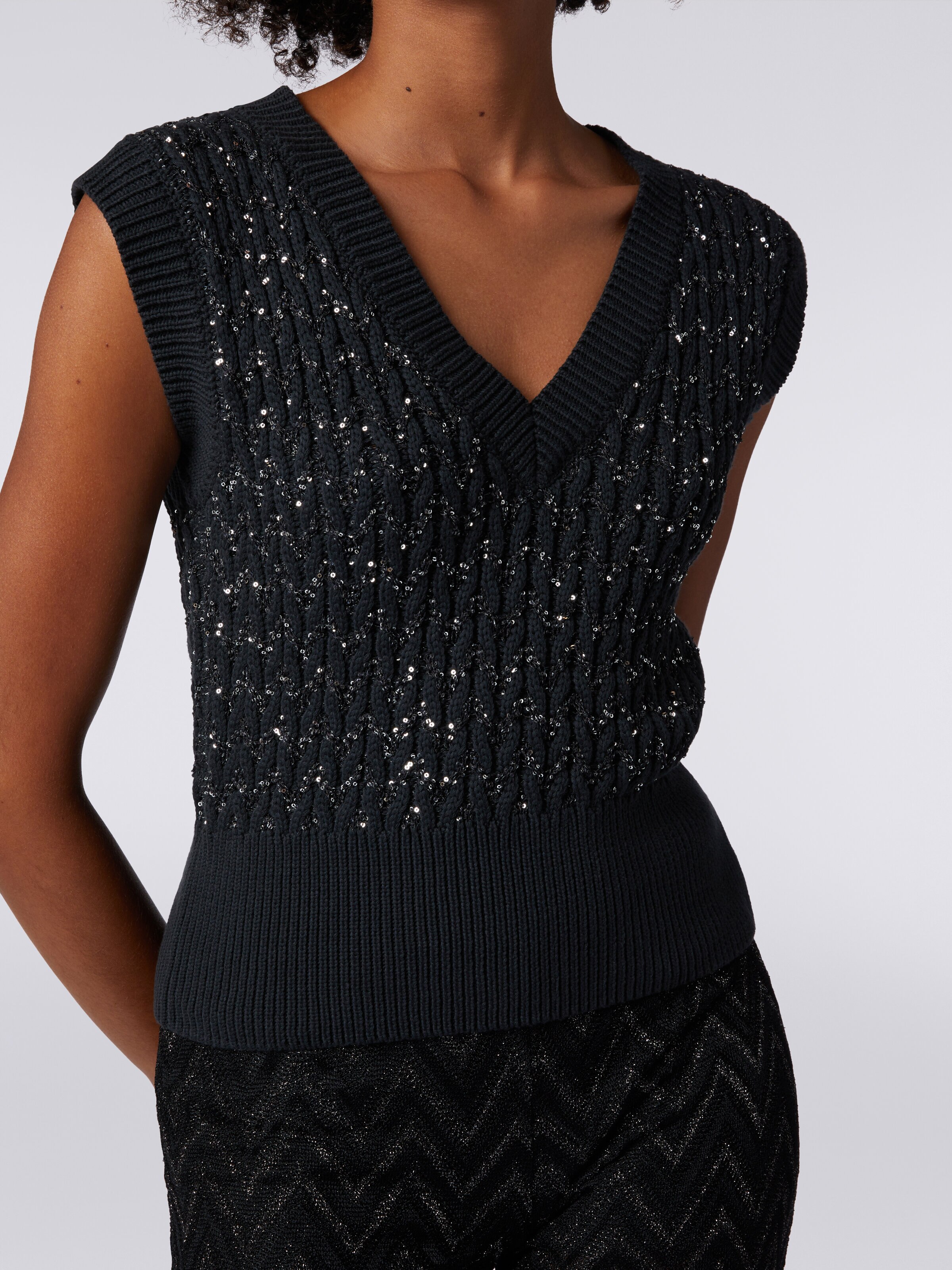 Cotton blend gilet with sequins and braiding, Black    - 3