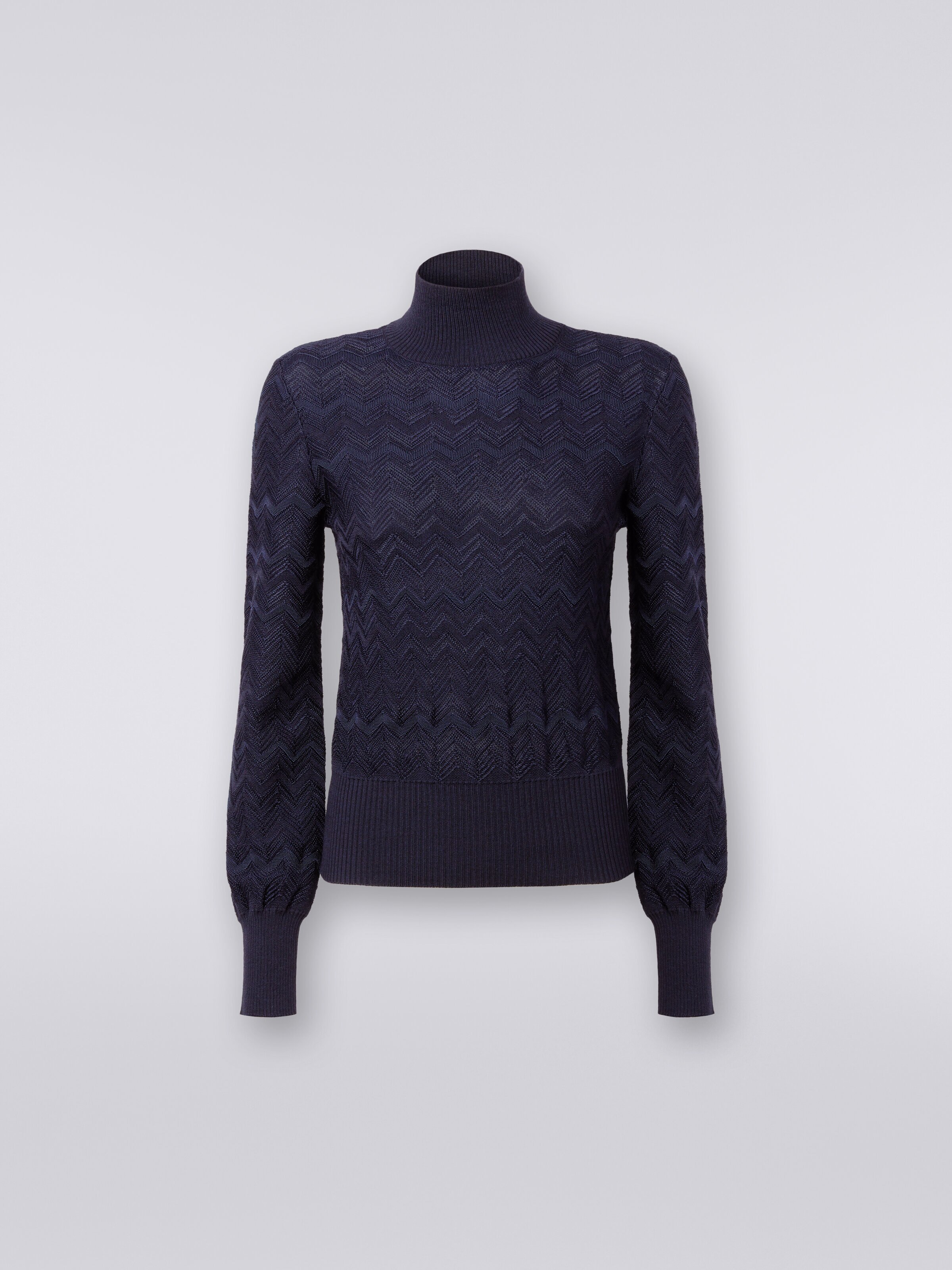Chevron wool and viscose high-neck pullover, Dark Blue - 0