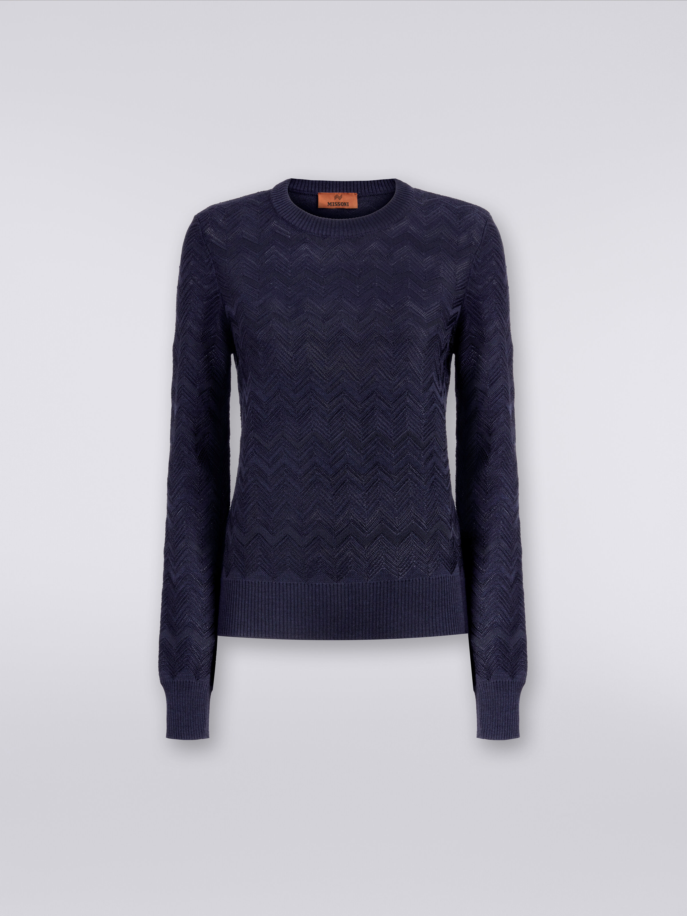 Jersey de cuello redondo de viscosa y lana a espigas, Azul Oscuro - 0