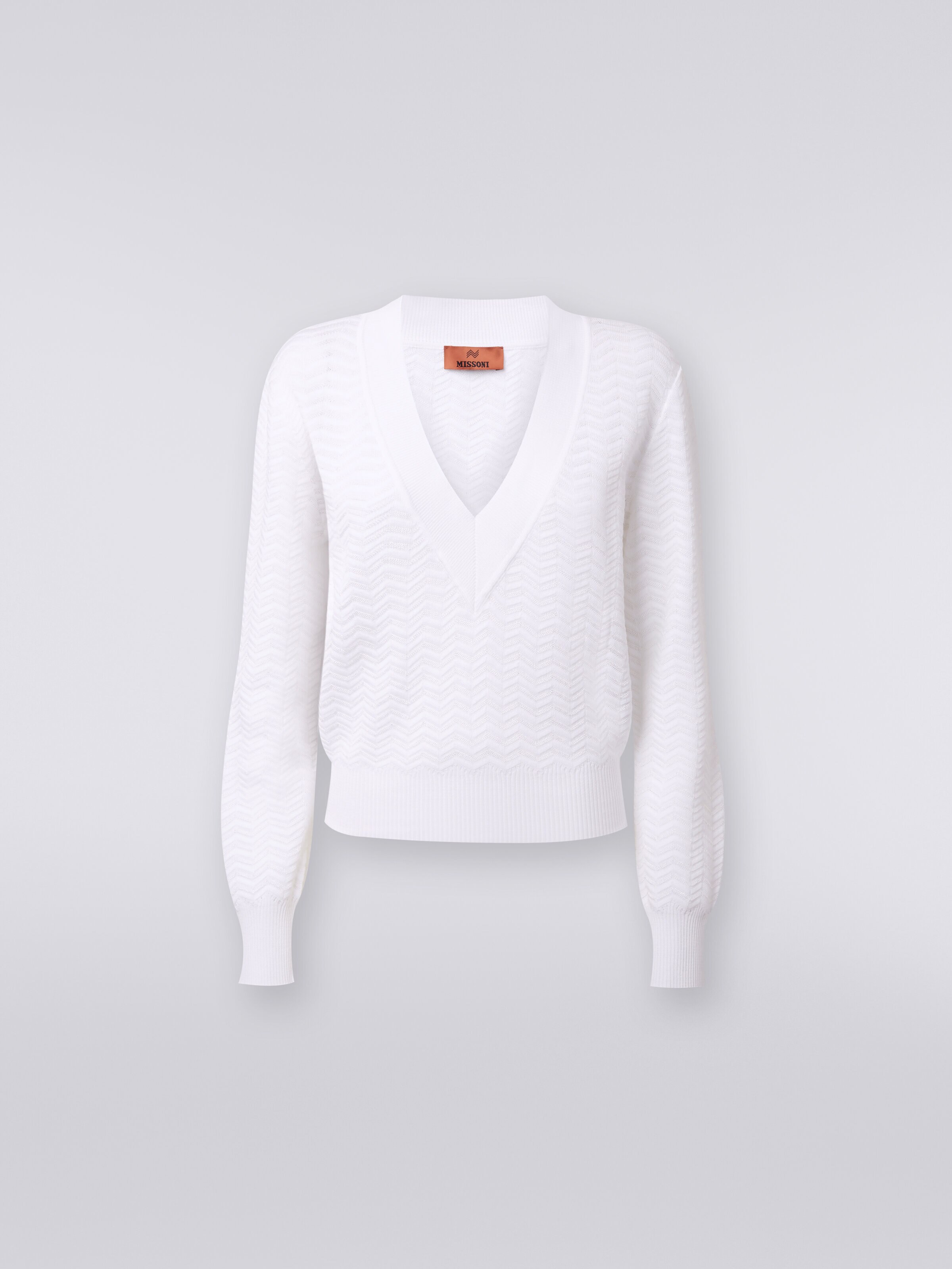 Pullover con scollatura a V in maglia zig zag, Bianco  - 0