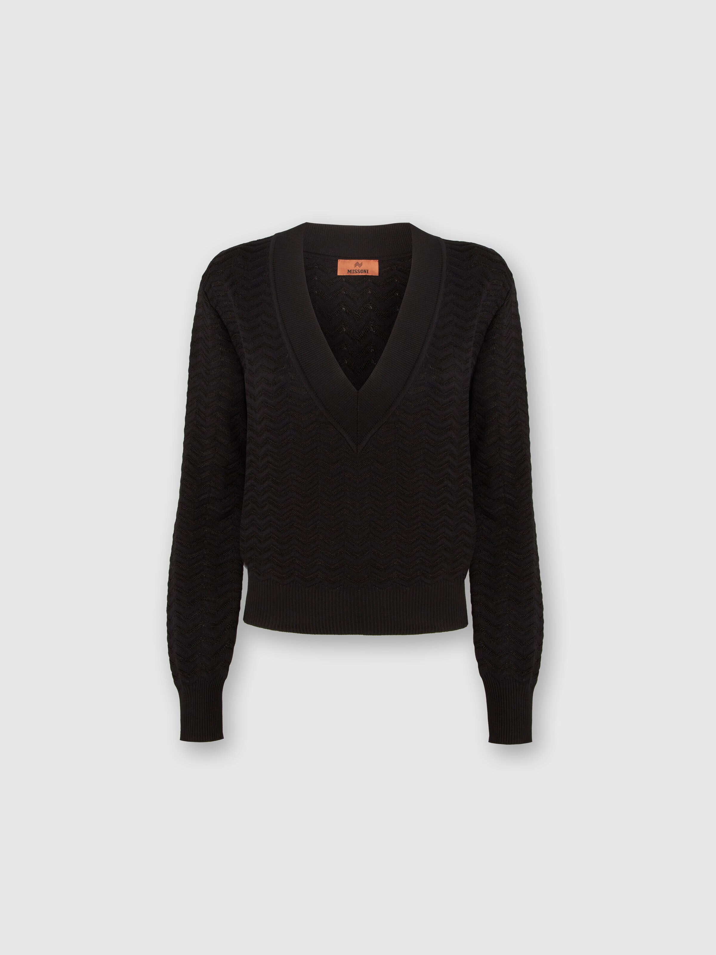 V-neck pullover in zigzag knit, Black    - 0