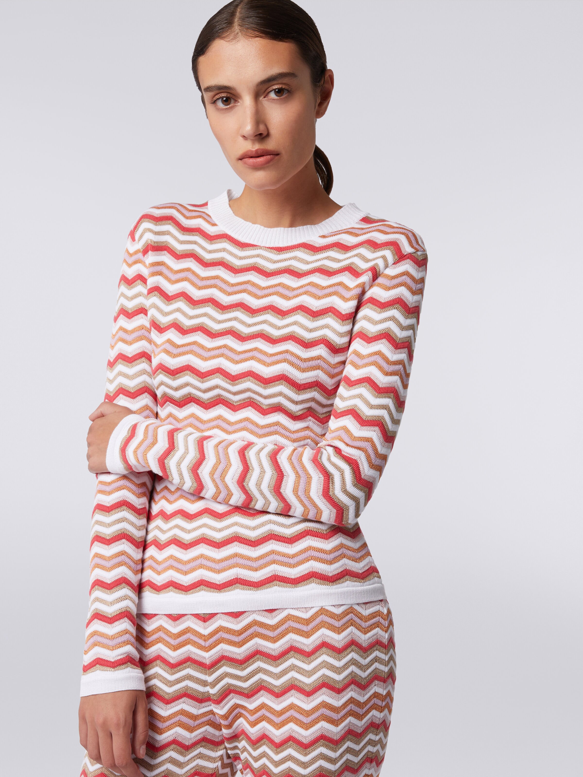 Jersey de cuello redondo de algodón y viscosa zigzag, Multicolor  - 4
