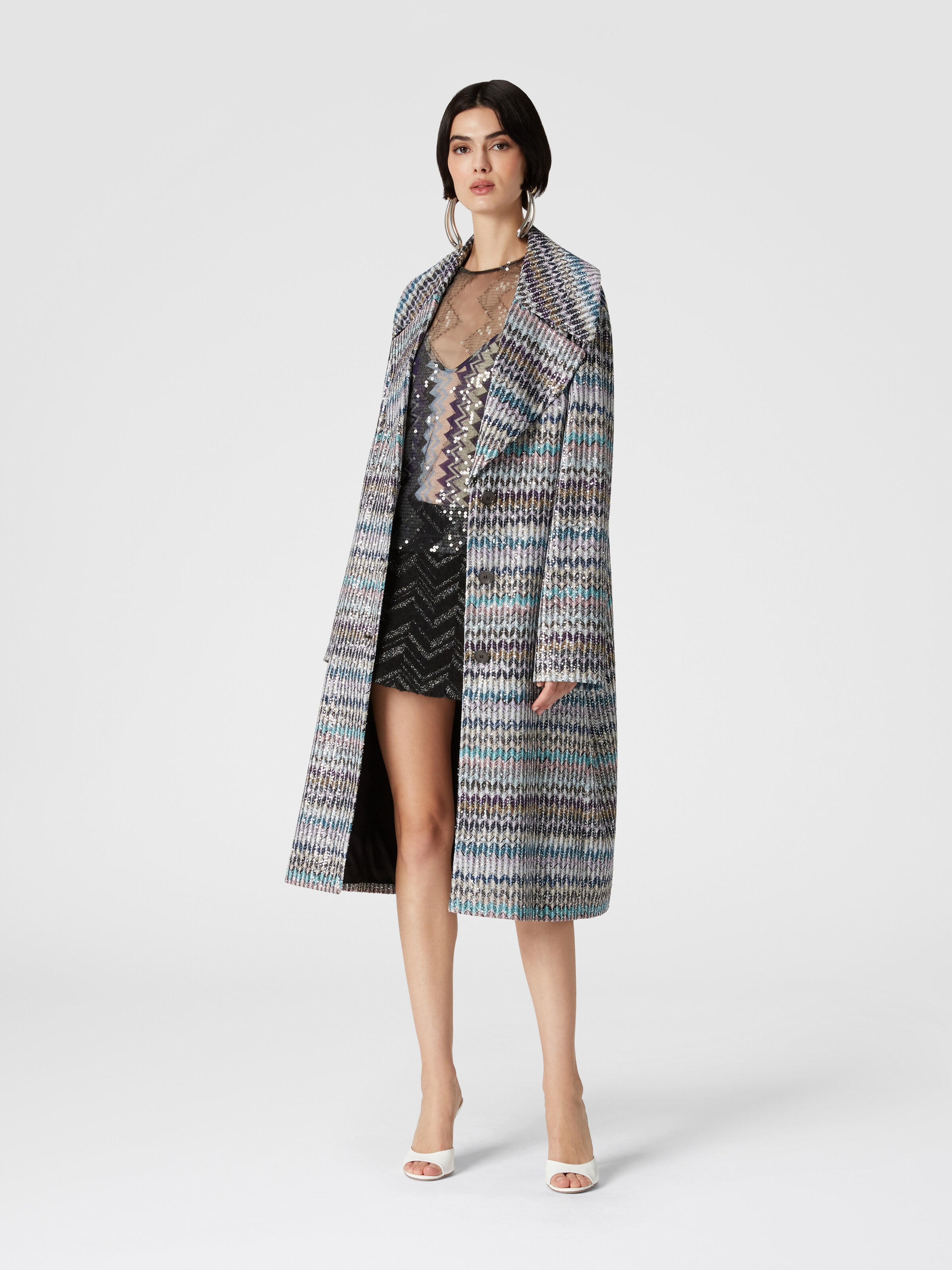 Long coat with sequin appliqué, Multicoloured  - 1