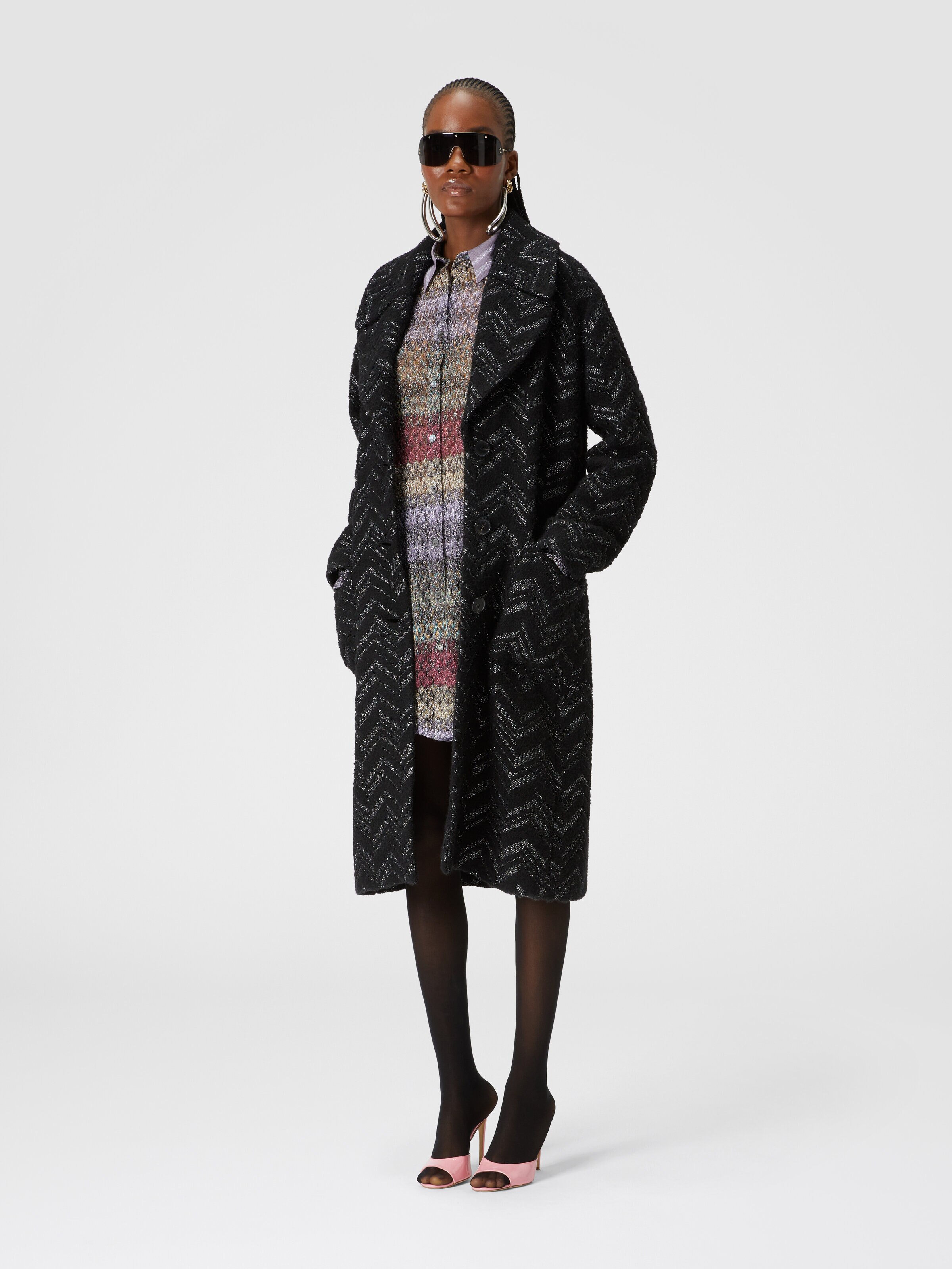 Bouclé knit coat with lamé chevron, Black & Multicoloured  - 1
