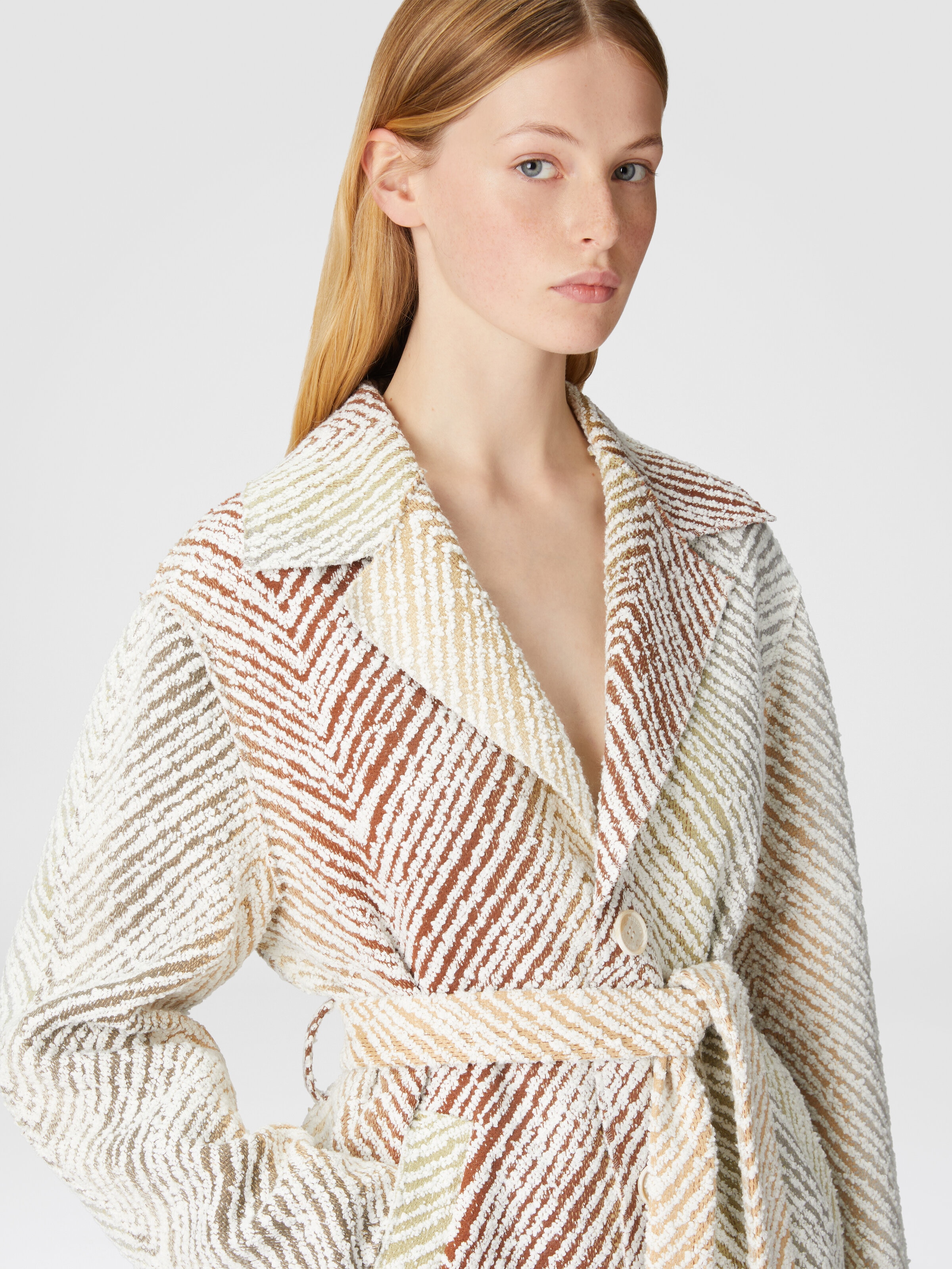 Single-breasted coat in fabric with 3D zig zag pattern, White & Multicoloured   - 4