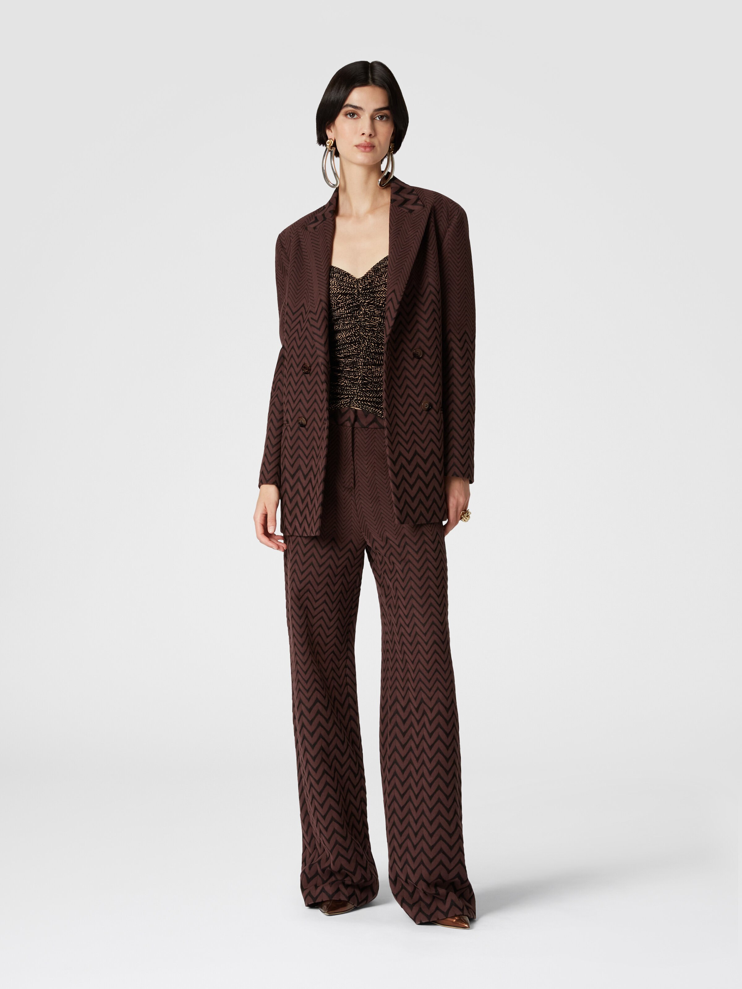 Double-breasted zigzag cotton and viscose blazer, Brown - 1