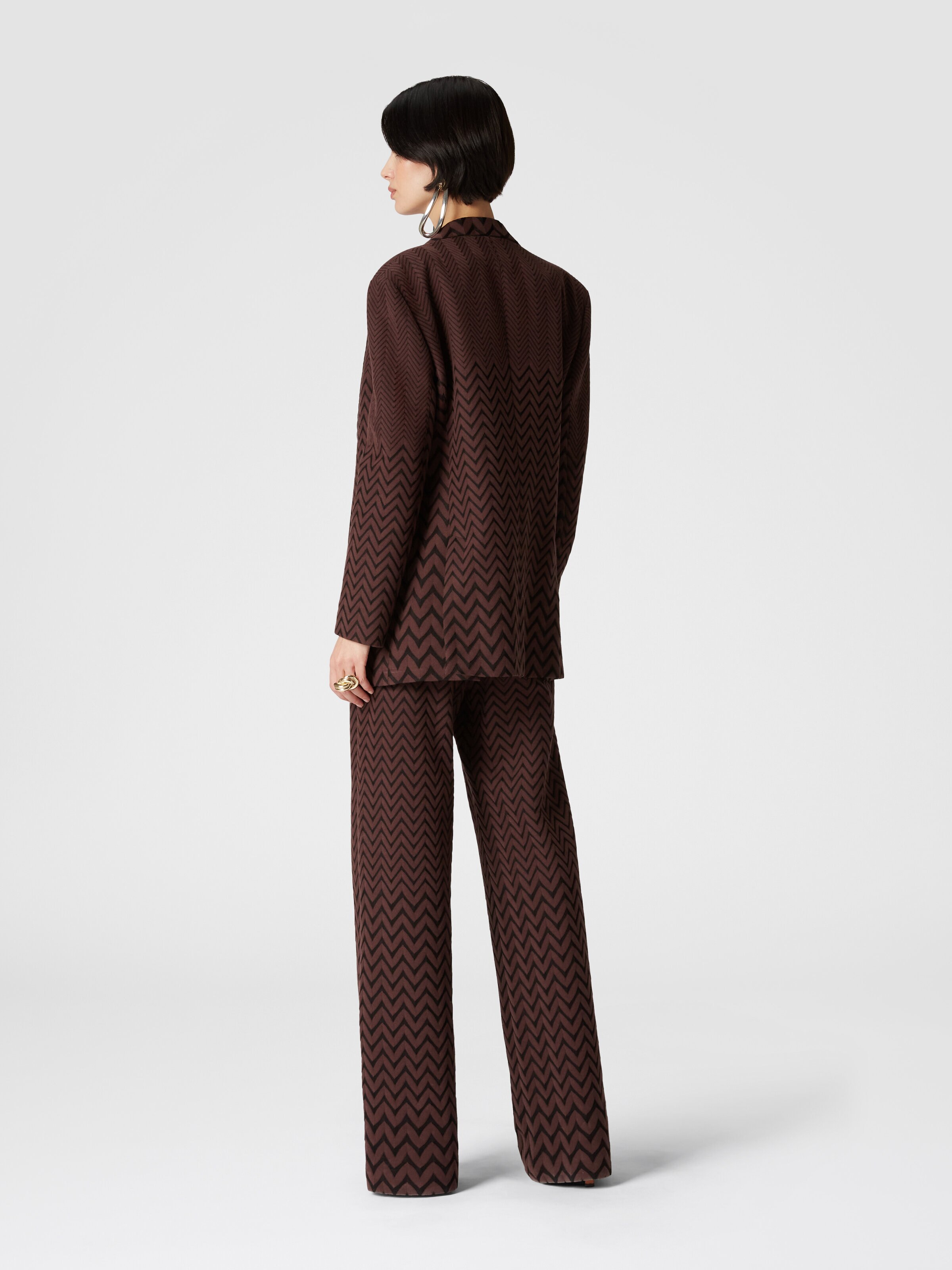 Double-breasted zigzag cotton and viscose blazer, Brown - 2