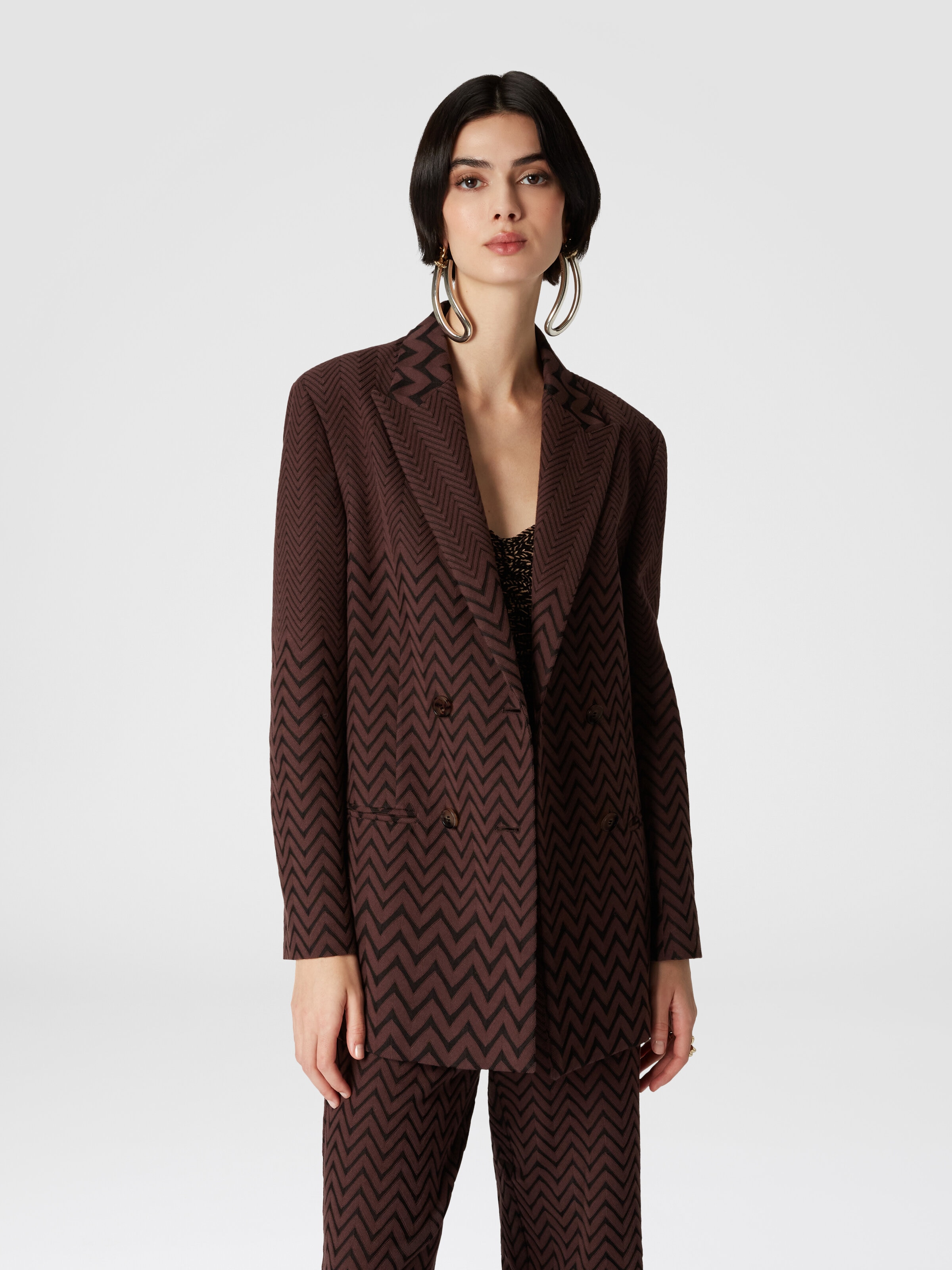 Double-breasted zigzag cotton and viscose blazer, Brown - 3