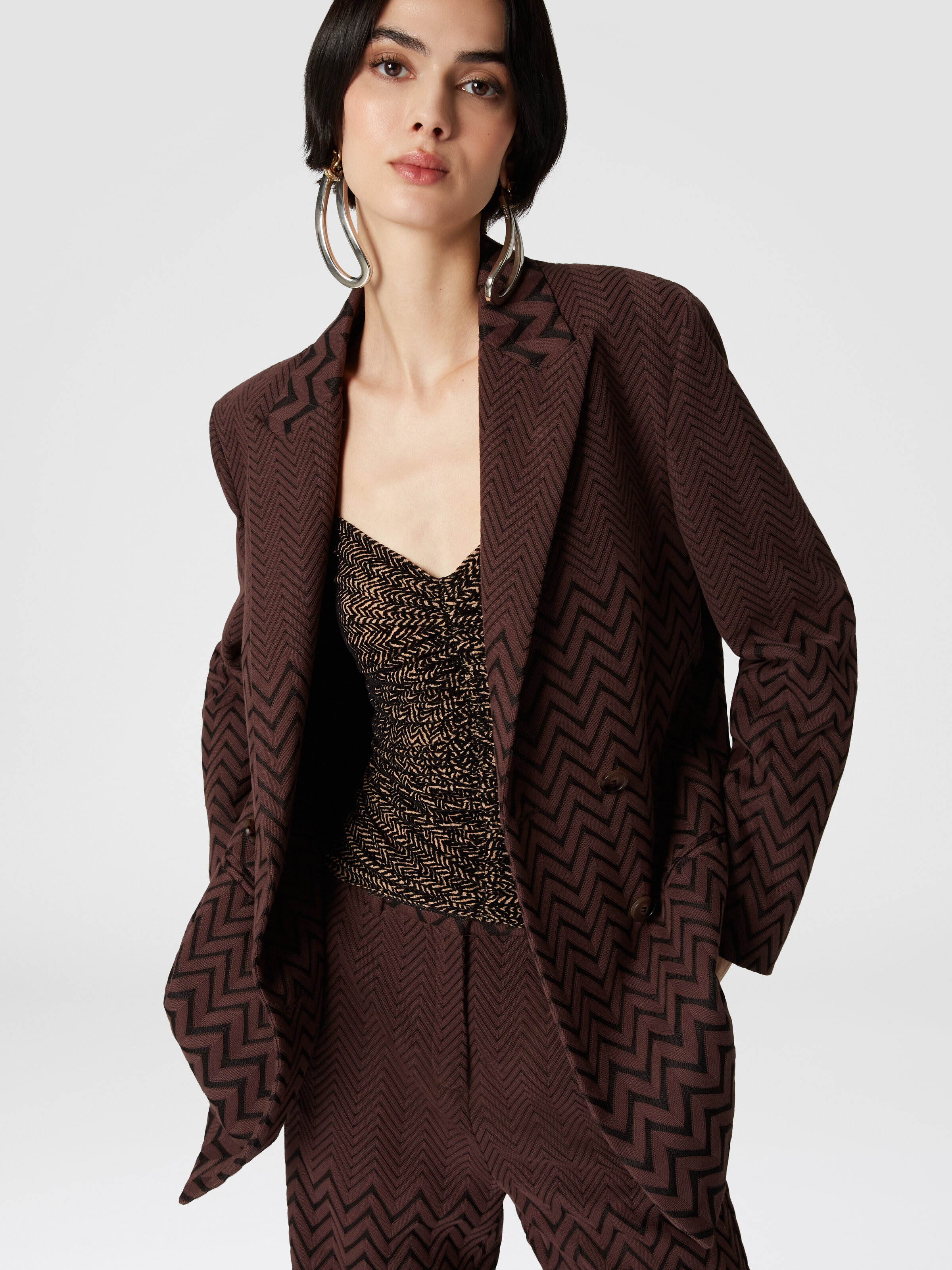 Double-breasted zigzag cotton and viscose blazer, Brown - 4